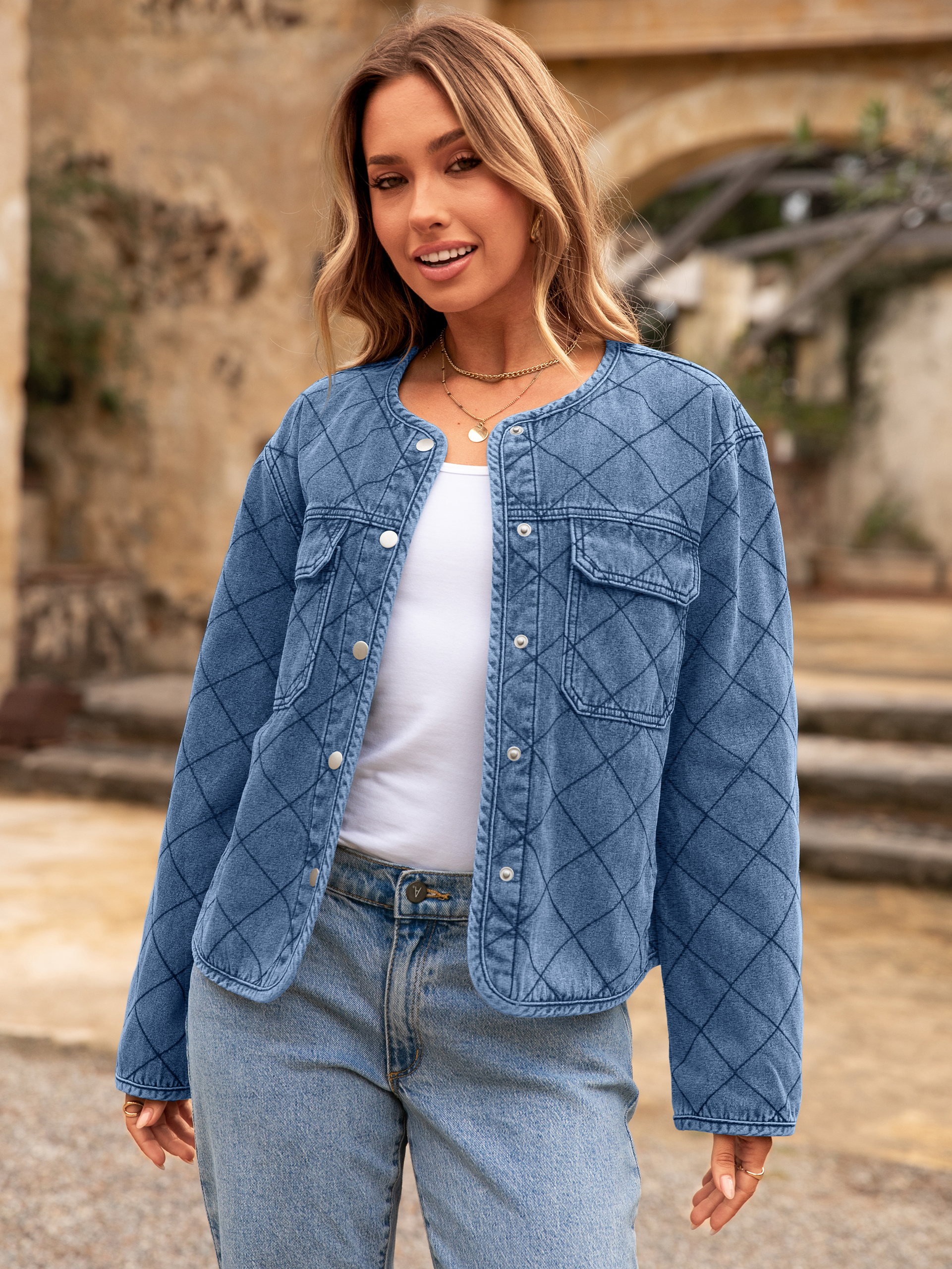 Button Crew Neck Quilted Diamond Denim Jacket