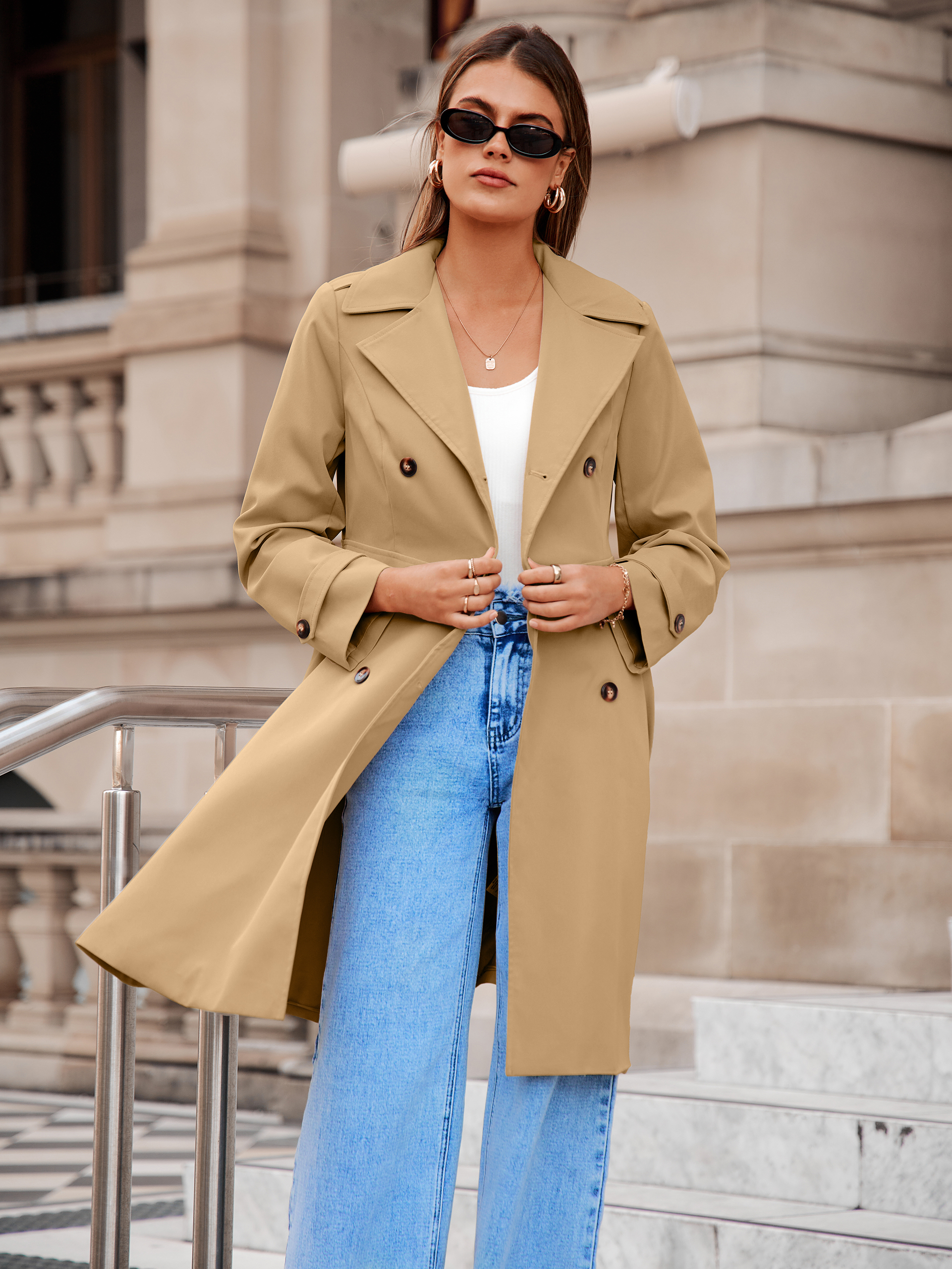Double Breasted Ruffle Lapel Long Trench Coat