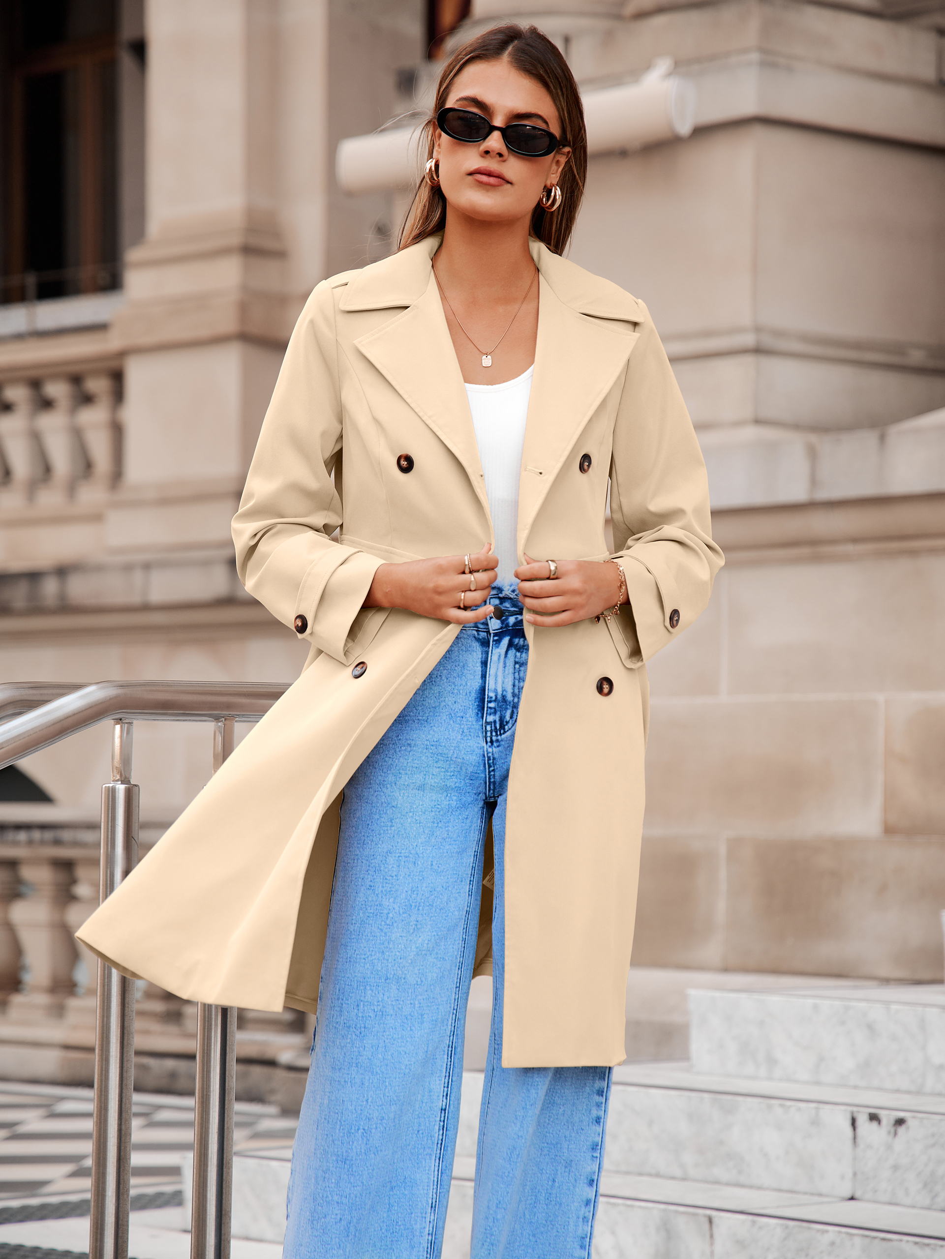 Double Breasted Ruffle Lapel Long Trench Coat