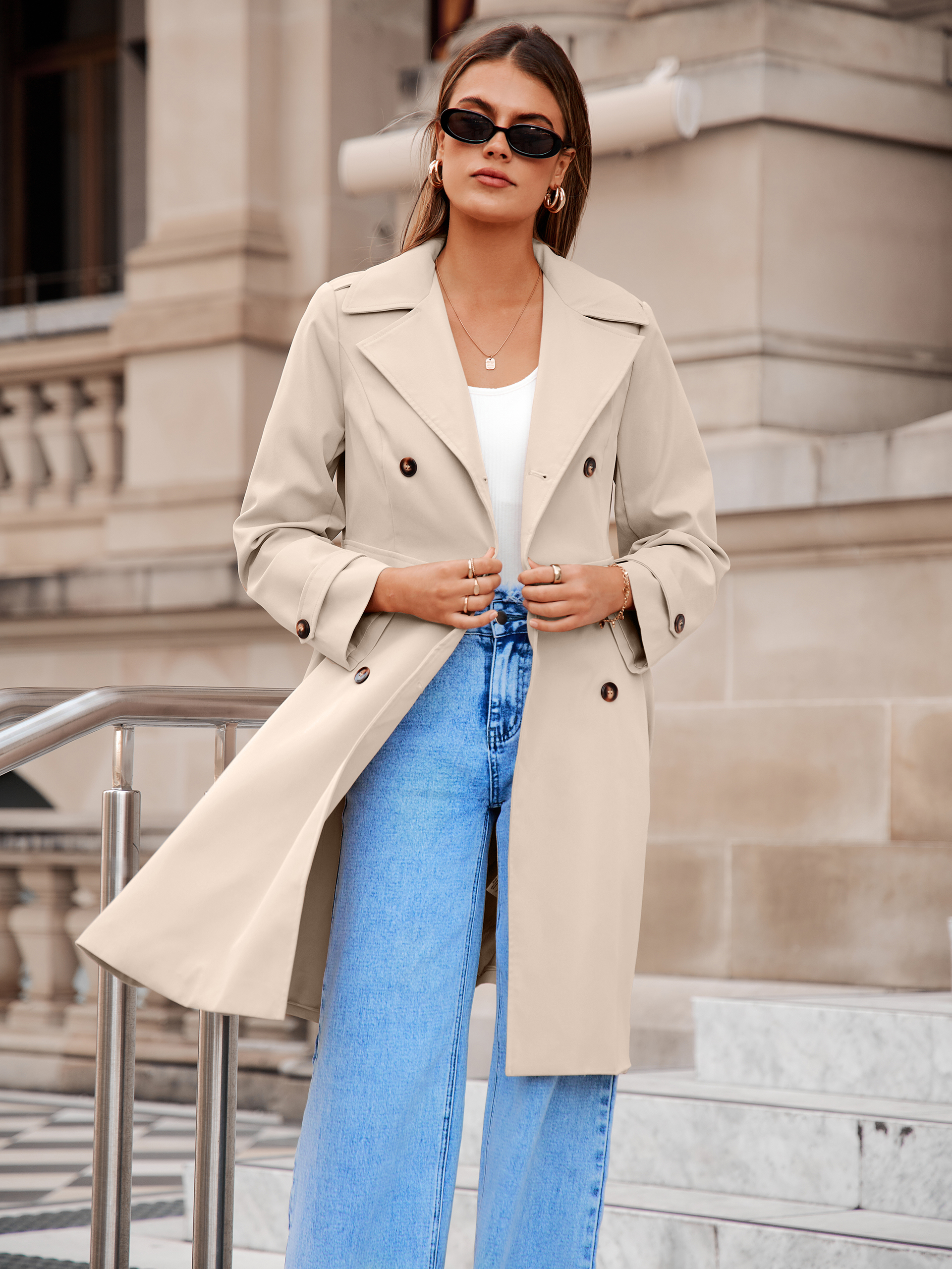 Double Breasted Ruffle Lapel Long Trench Coat