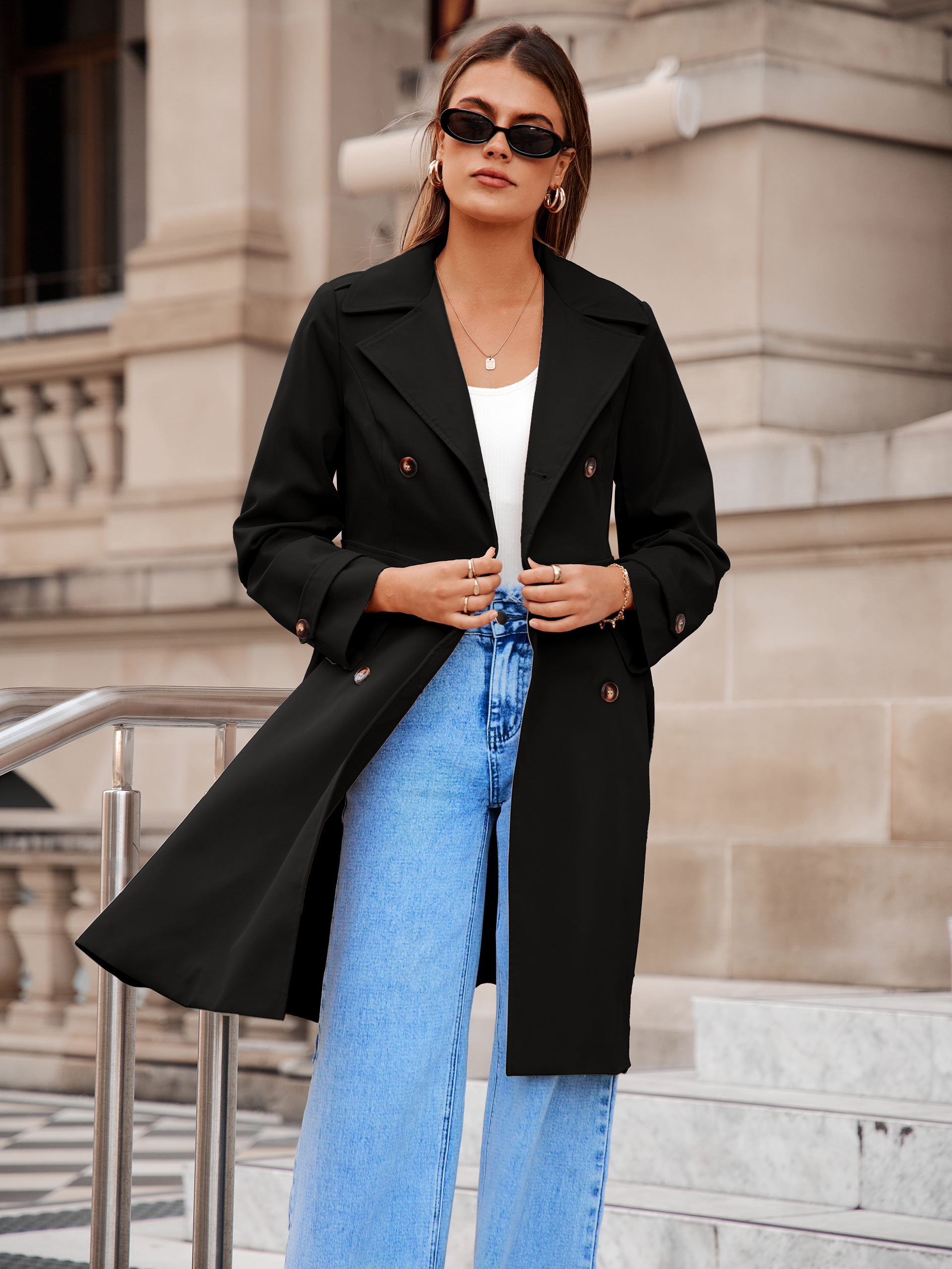 Double Breasted Ruffle Lapel Long Trench Coat