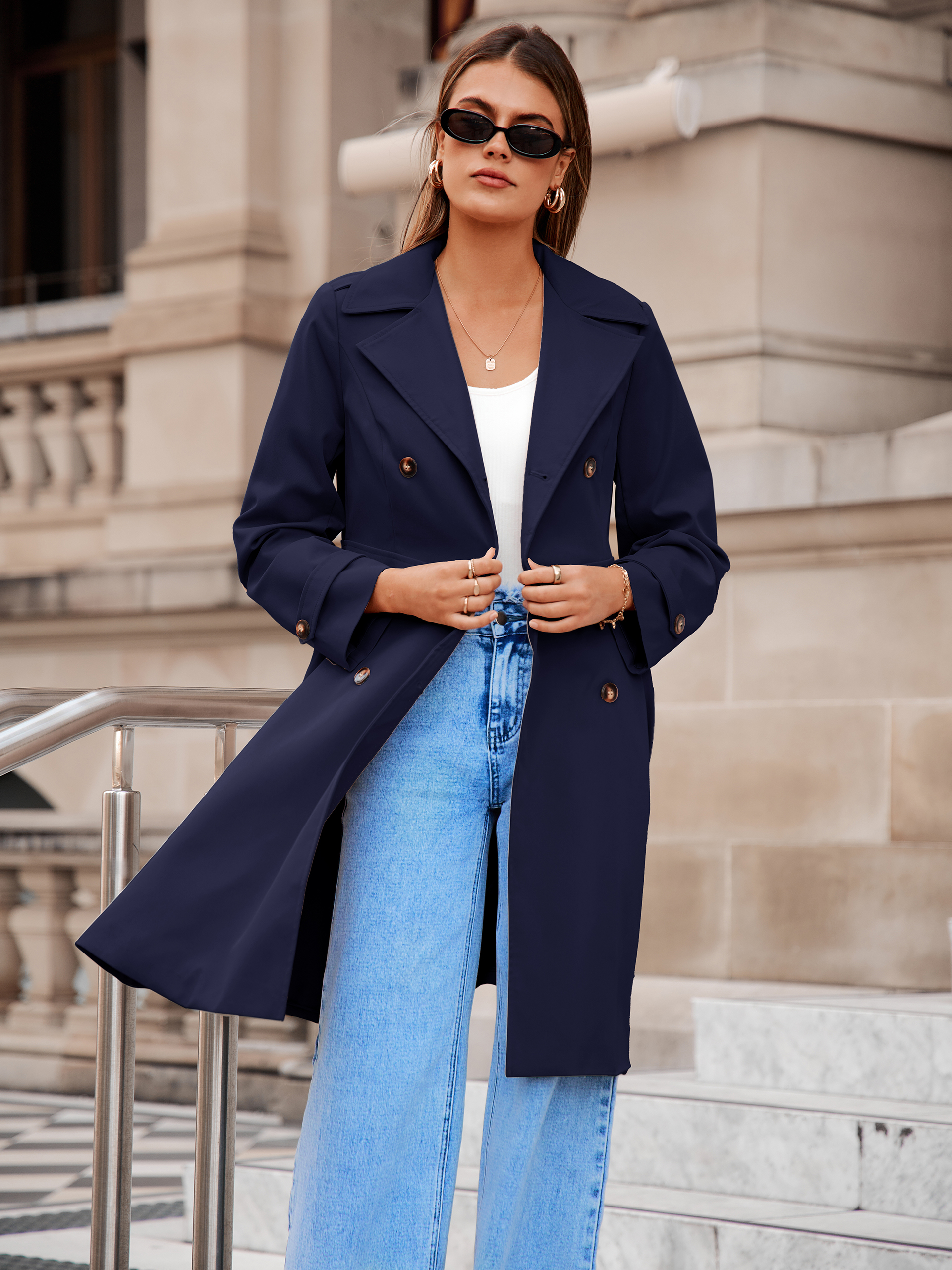 Double Breasted Ruffle Lapel Long Trench Coat