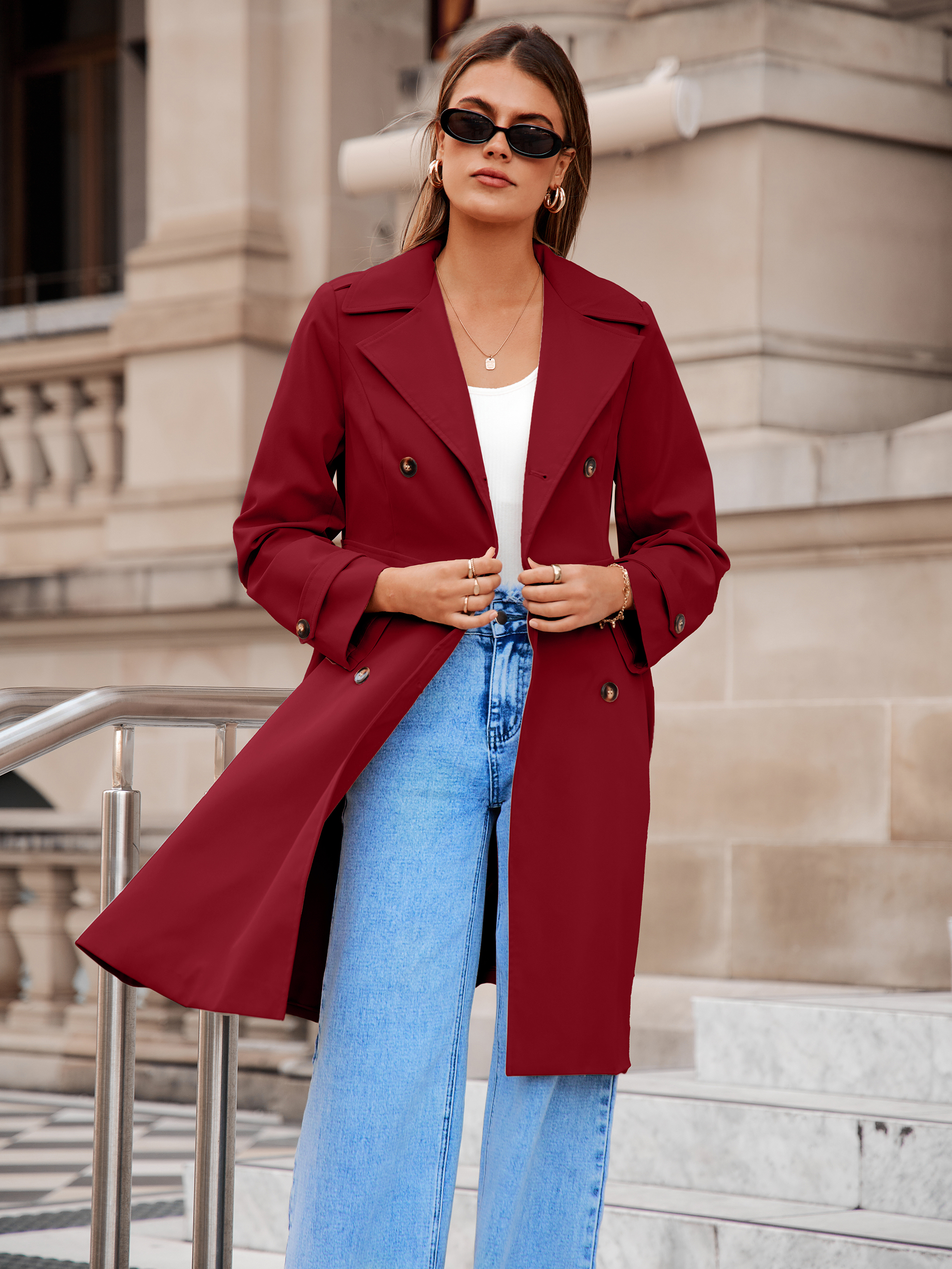 Double Breasted Ruffle Lapel Long Trench Coat