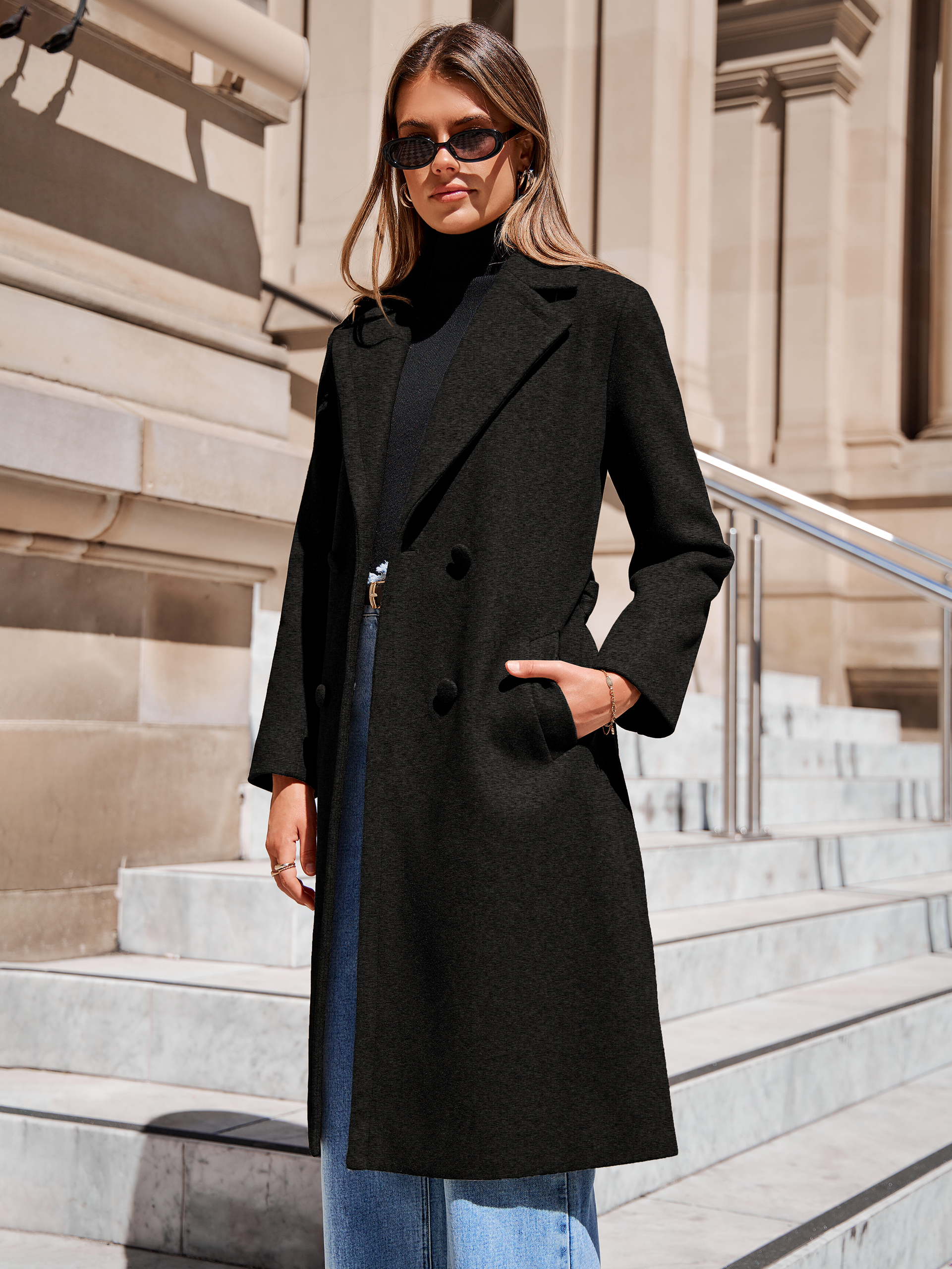 Longline Wool Blend Trench Coat with Belt