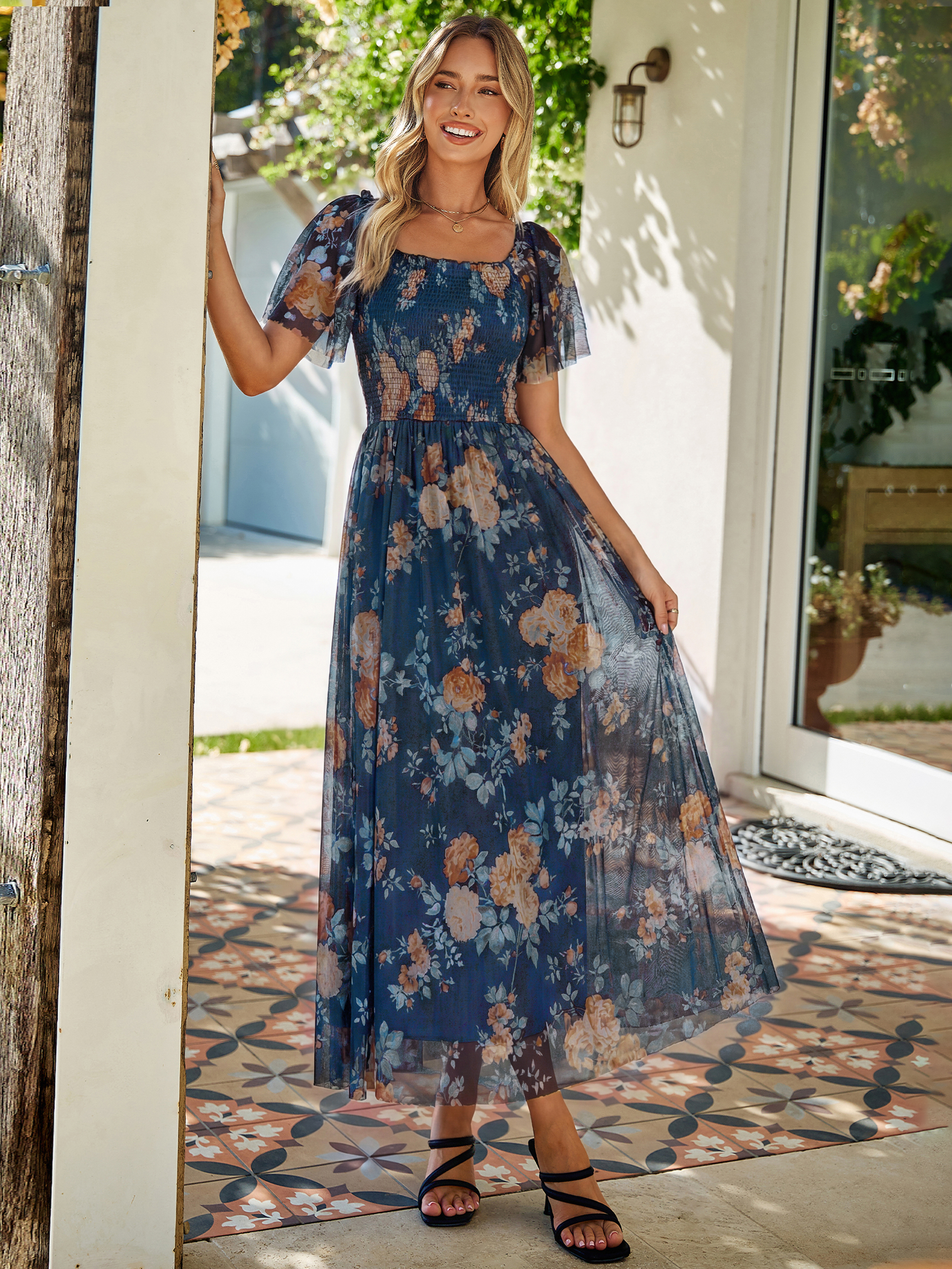 Floral Square Neck Smocked Flutter Sleeve Maxi Dress