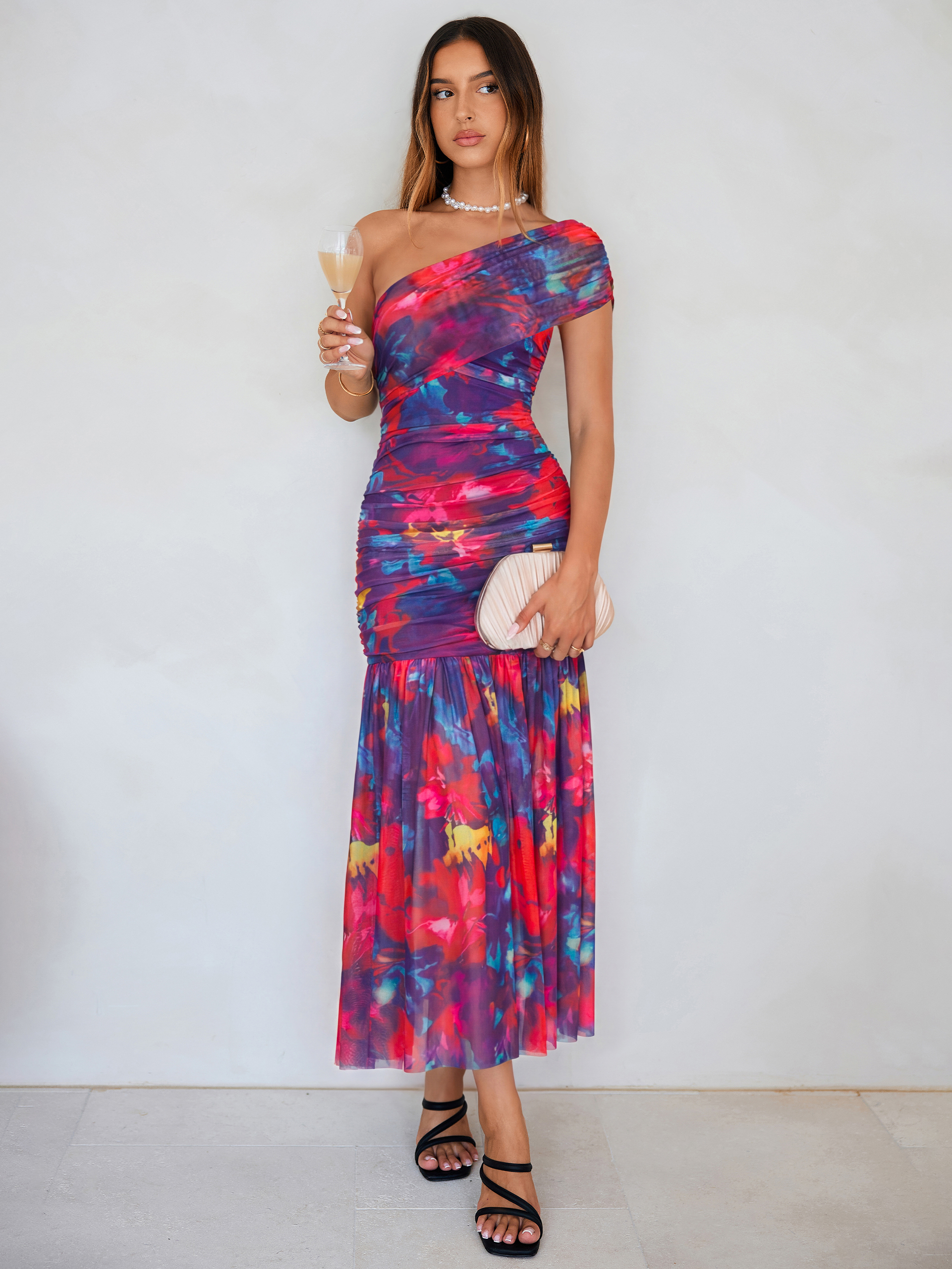 One Shoulder Floral Ruched Mesh Bodycon Dress