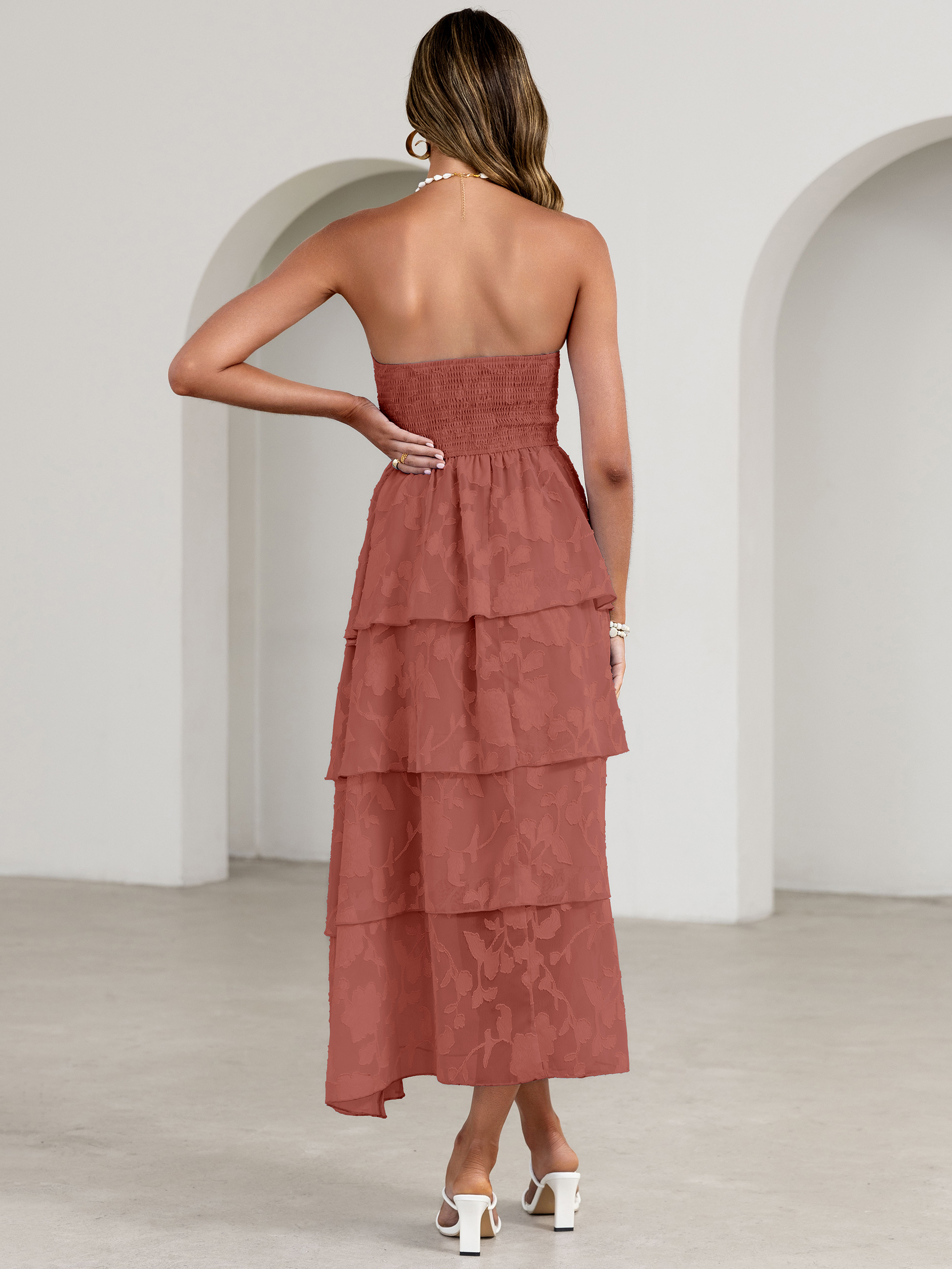 Floral Strapless Smocked Tiered Maxi Dress - Roseous