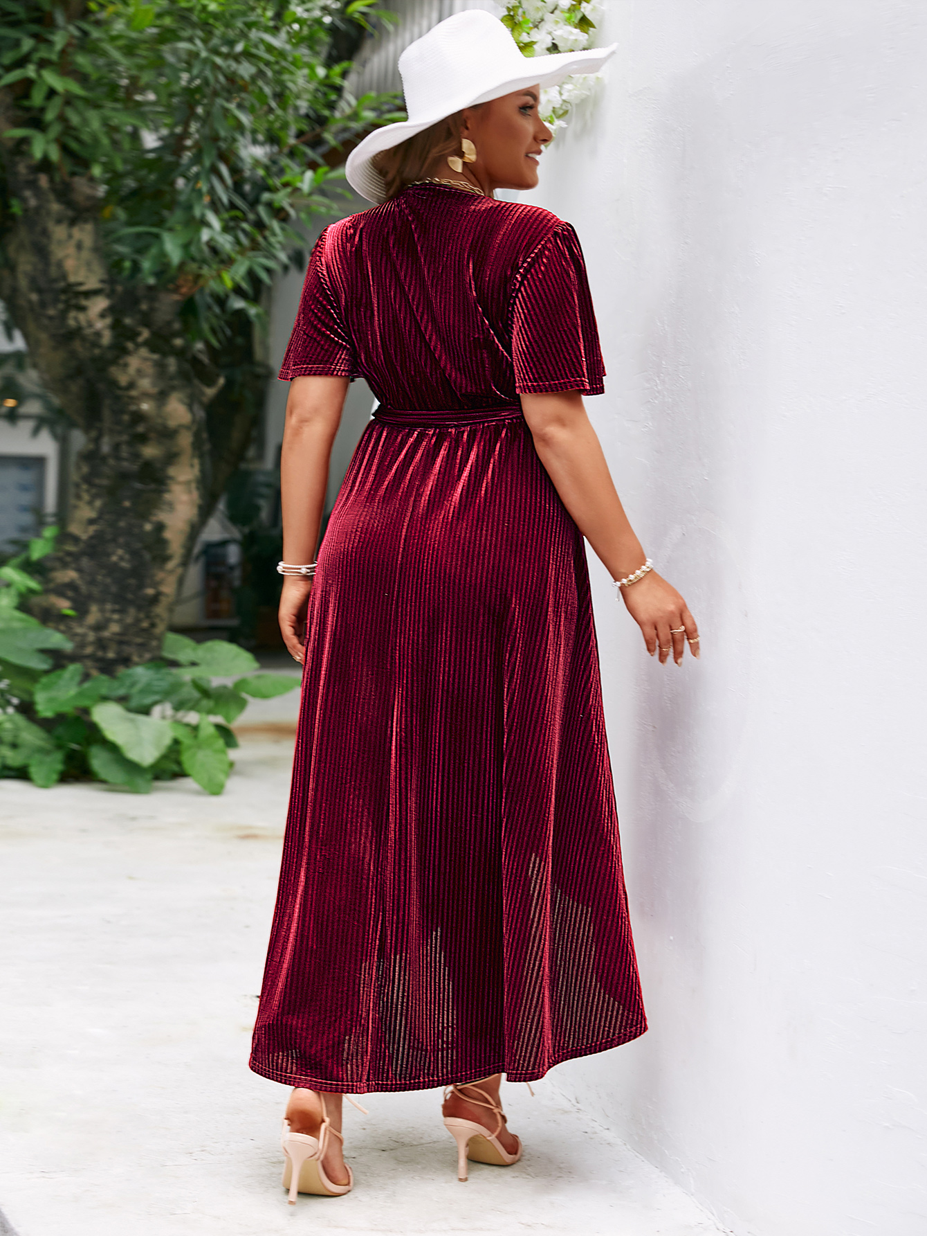 Plus Size Velvet V Neck Short Sleeve Wrap Maxi Dress
