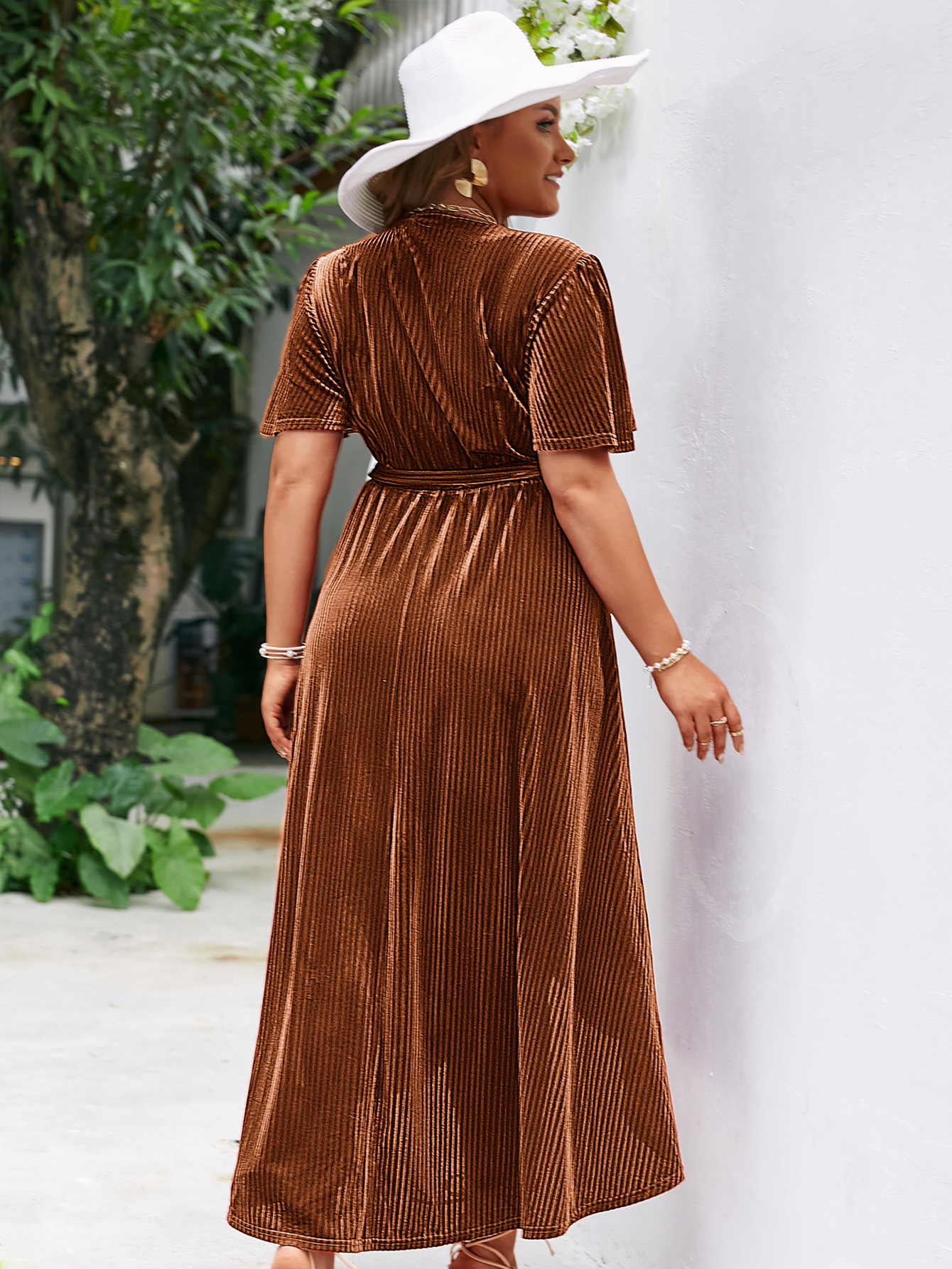 Plus Size Velvet V Neck Short Sleeve Wrap Maxi Dress