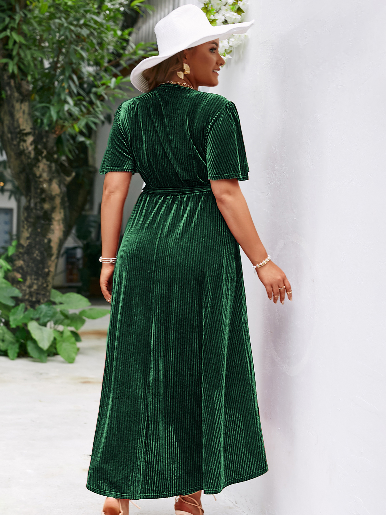 Plus Size Velvet V Neck Short Sleeve Wrap Maxi Dress
