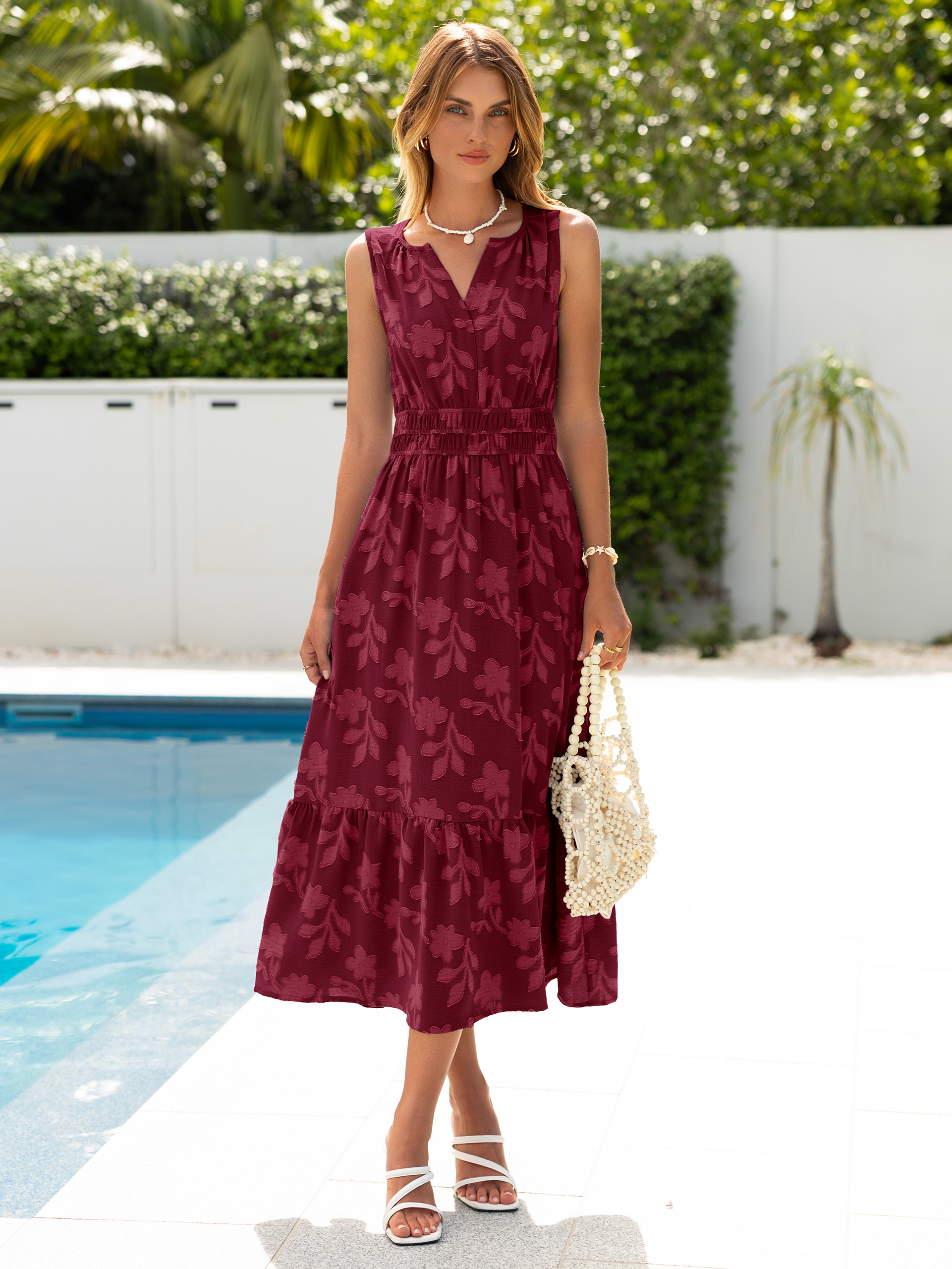 Floral Jacquard V Neck Sleeveless Maxi Dress - Burgundy