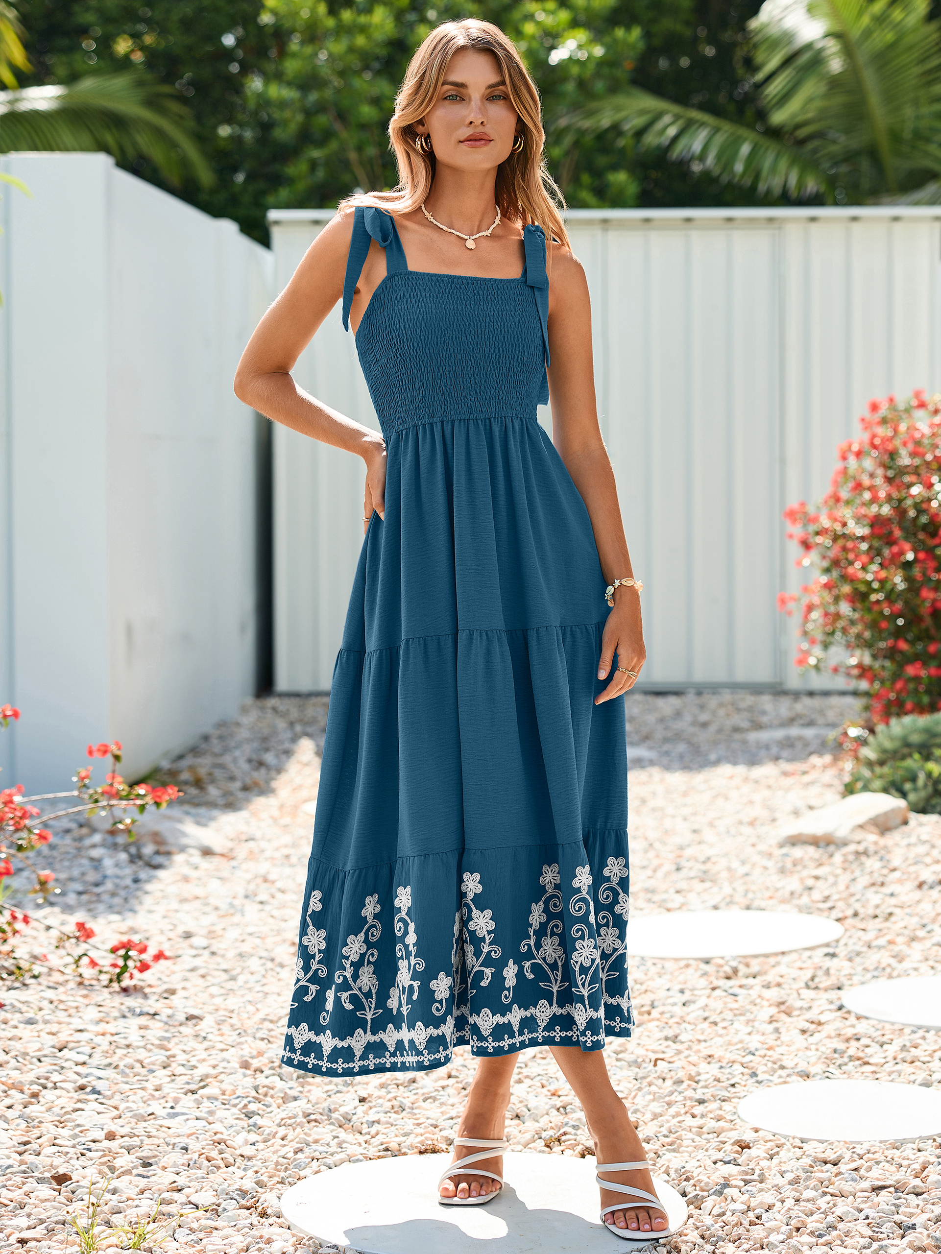 Floral Embroidery Smocked Tie Shoulder Maxi Dress