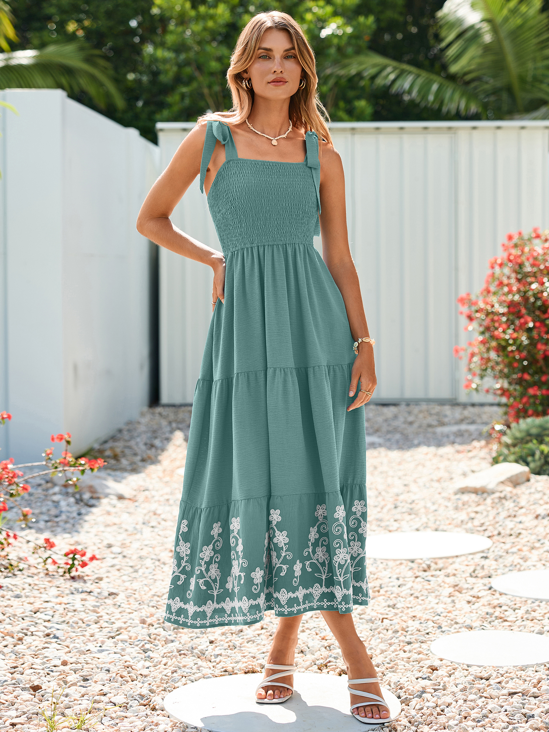 Floral Embroidery Smocked Tie Shoulder Maxi Dress