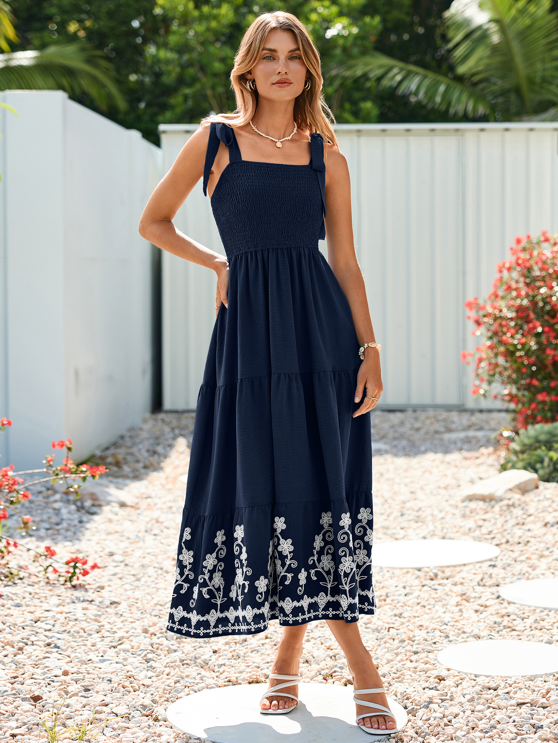 Floral Embroidery Smocked Tie Shoulder Maxi Dress