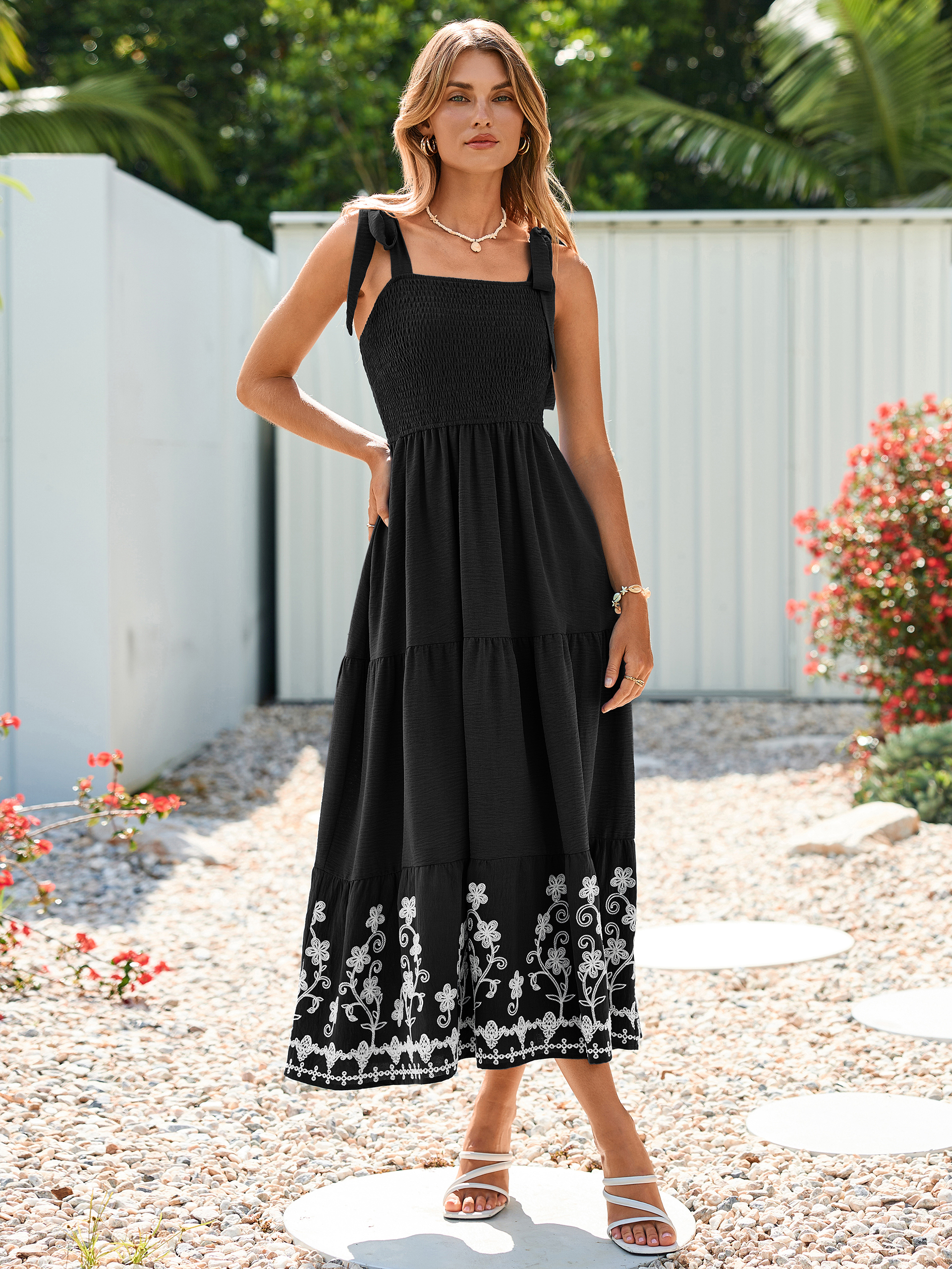 Floral Embroidery Smocked Tie Shoulder Maxi Dress