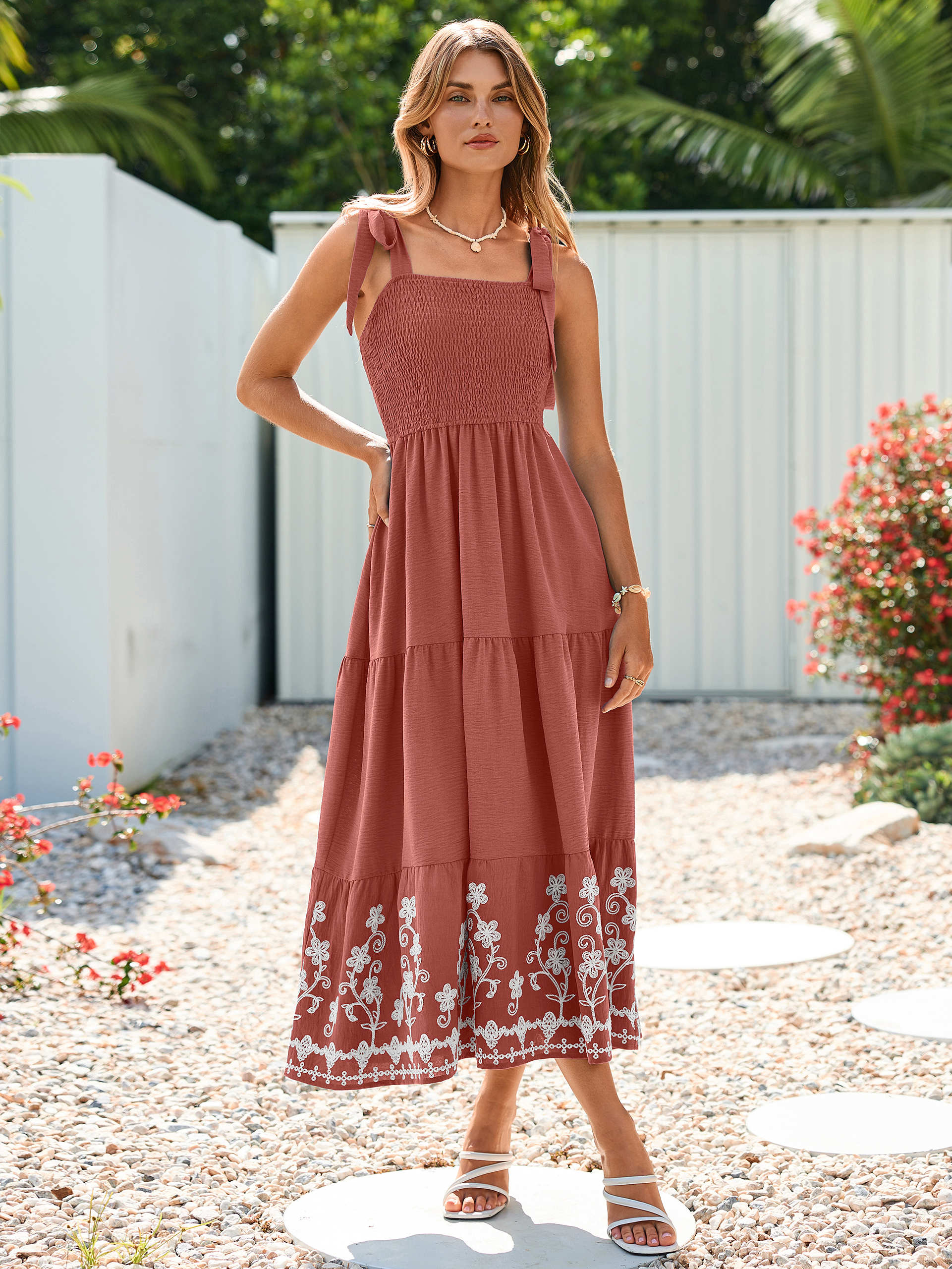 Floral Embroidery Smocked Tie Shoulder Maxi Dress