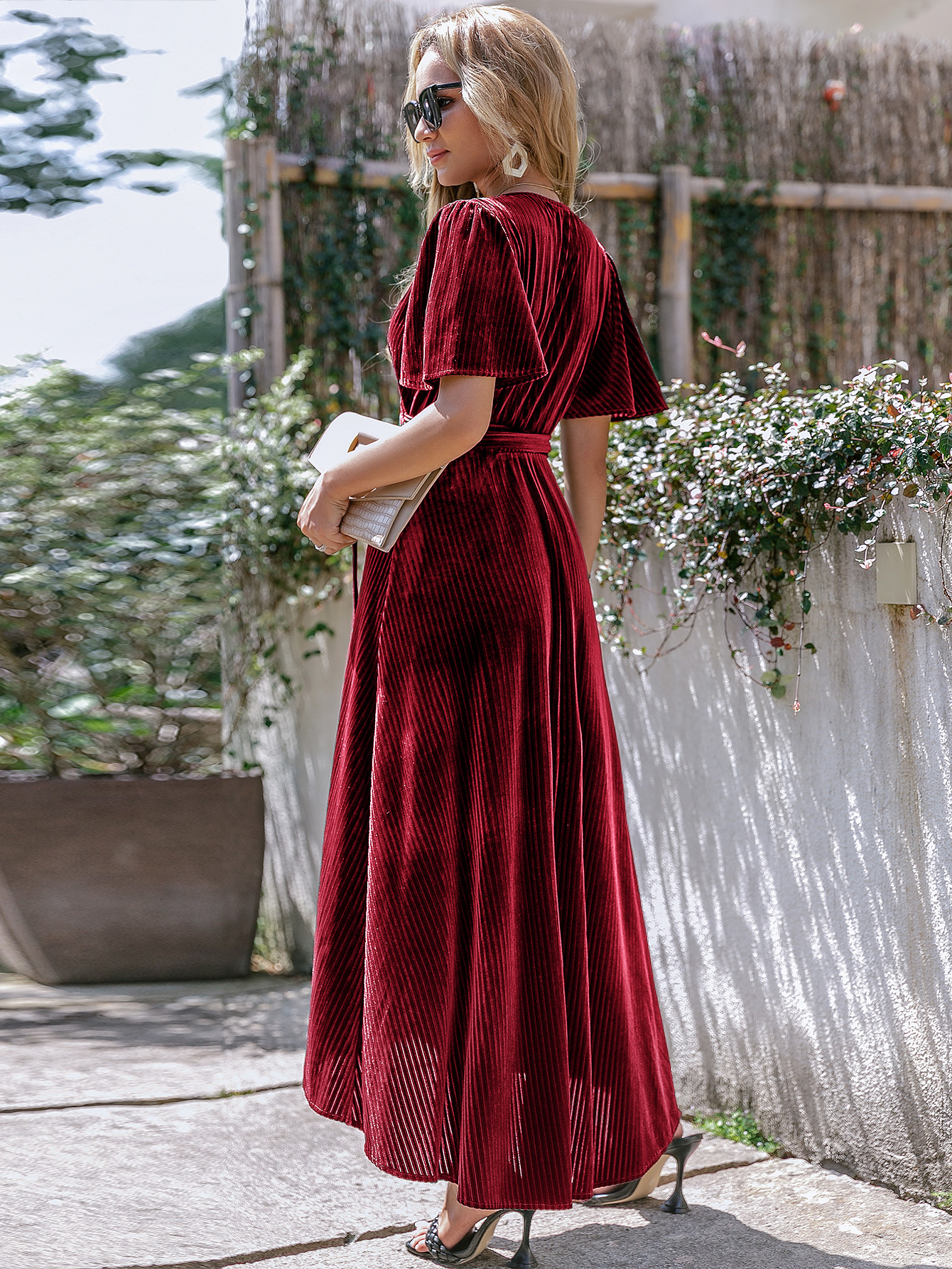 Velvet V-Neck Short Sleeve Belted Wrap Maxi Dress