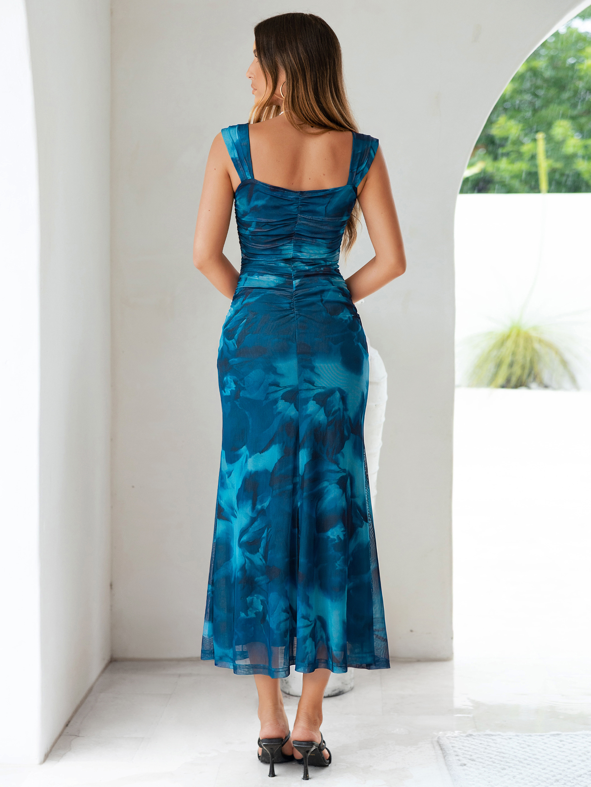 Floral Square Neck Ruched Mesh Bodycon Dress