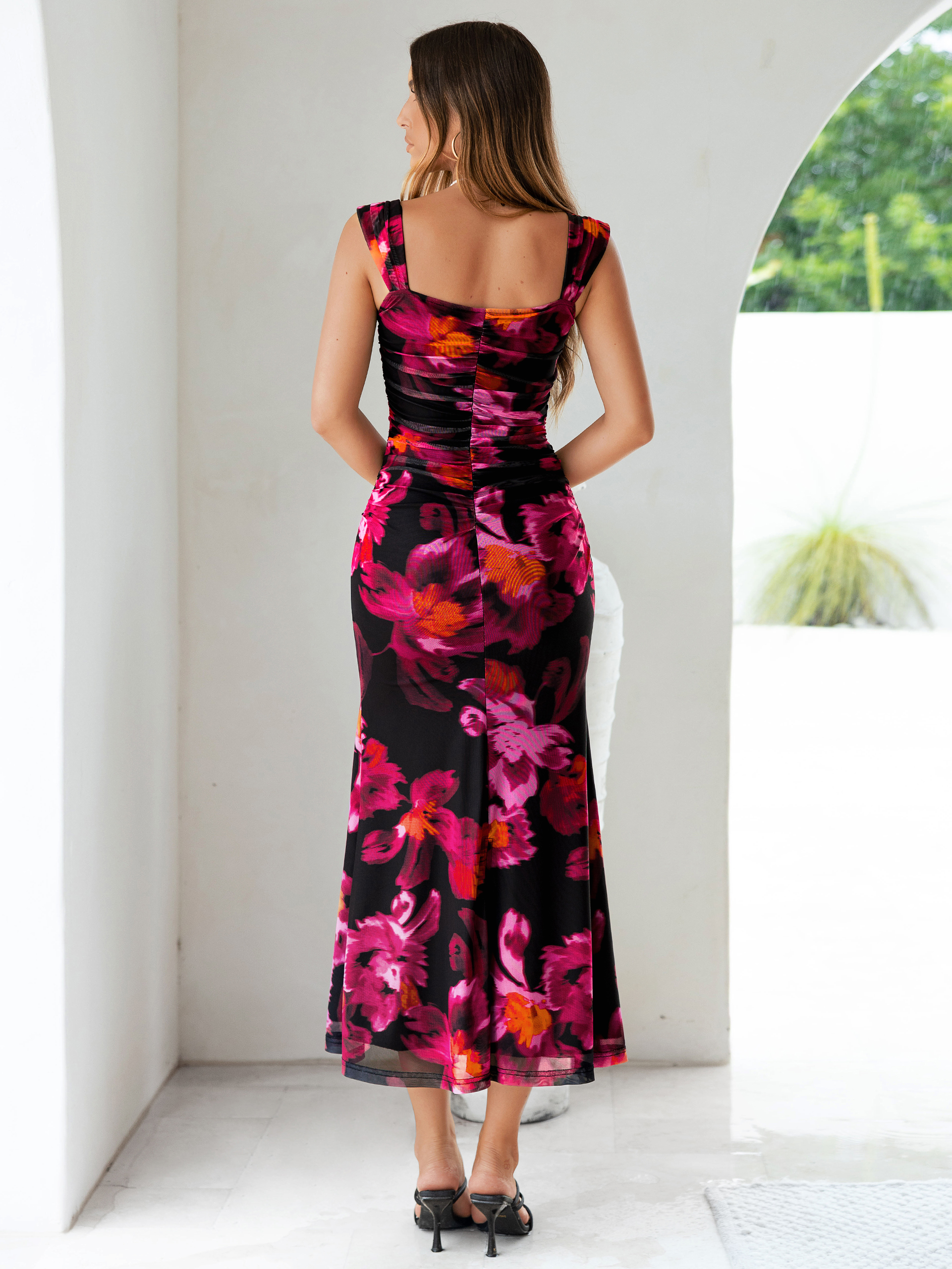 Floral Square Neck Ruched Mesh Bodycon Dress