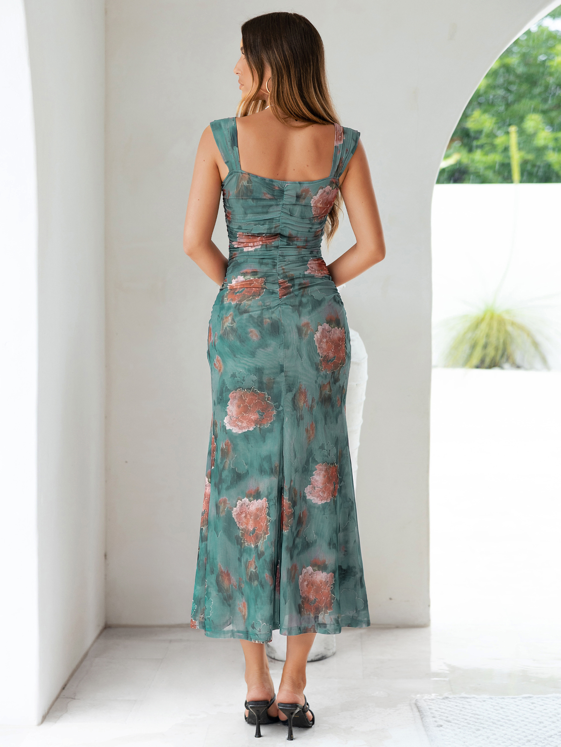 Floral Square Neck Ruched Mesh Bodycon Dress