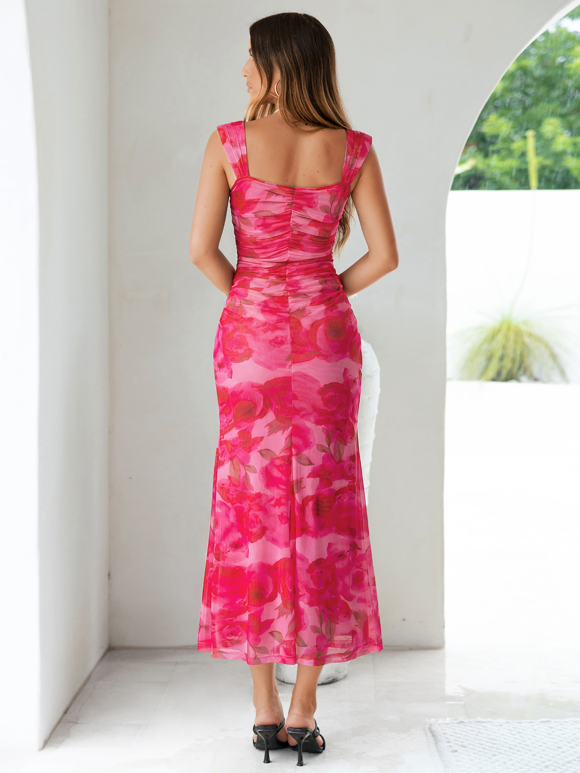 Floral Square Neck Ruched Mesh Bodycon Dress