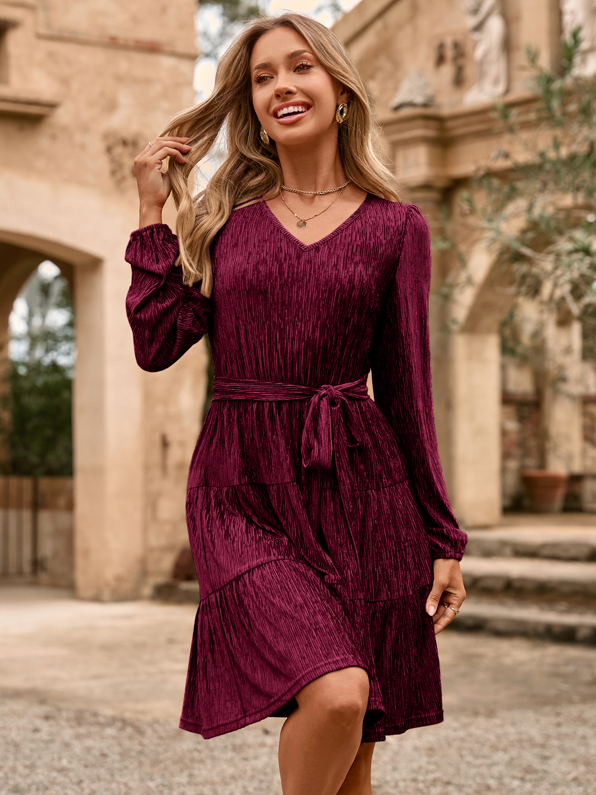 Velvet Long Sleeve V Neck Flowy Mini cocktail Dress