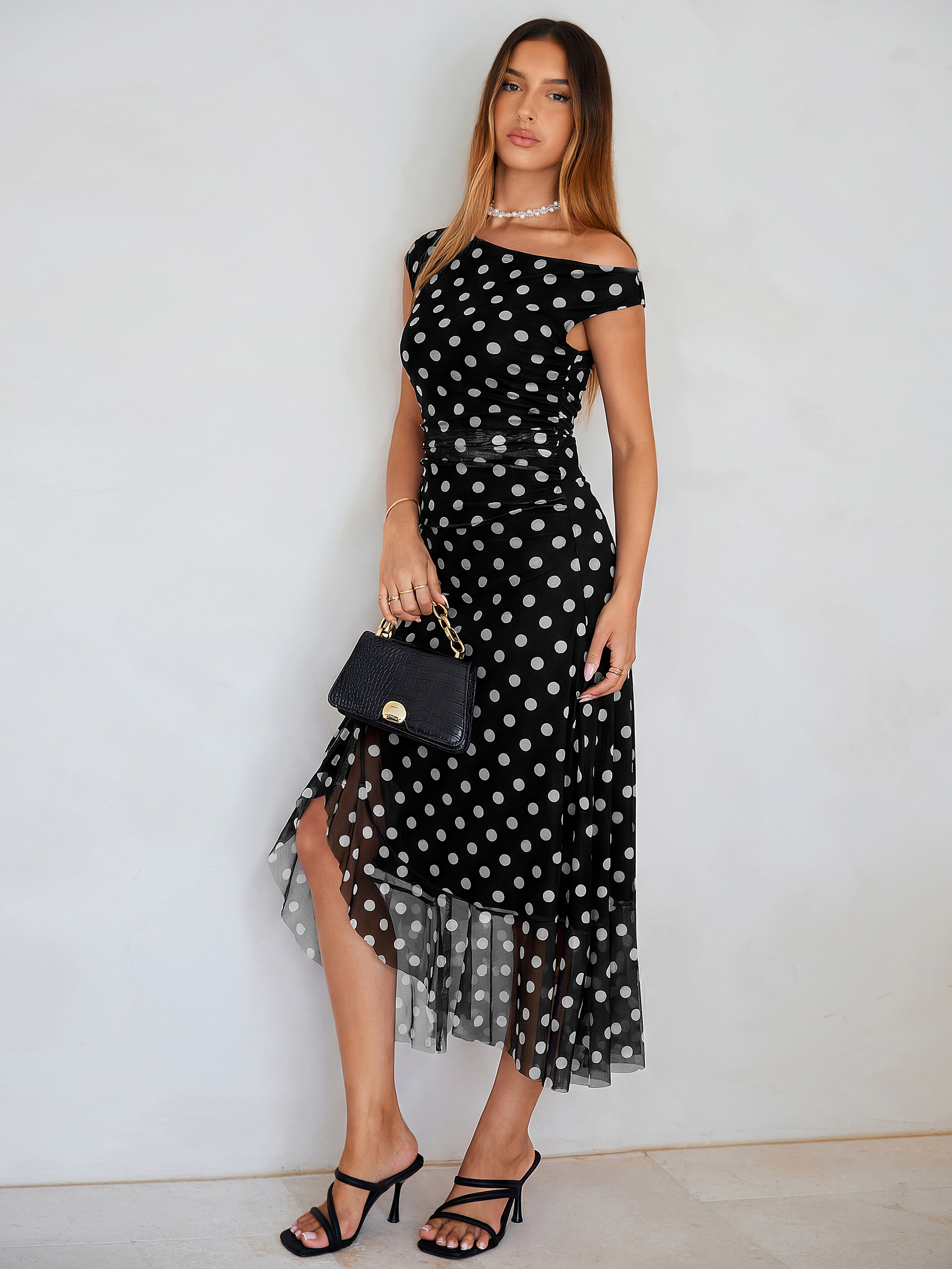 One-Shoulder Polka Dot Ruffle Midi Dress
