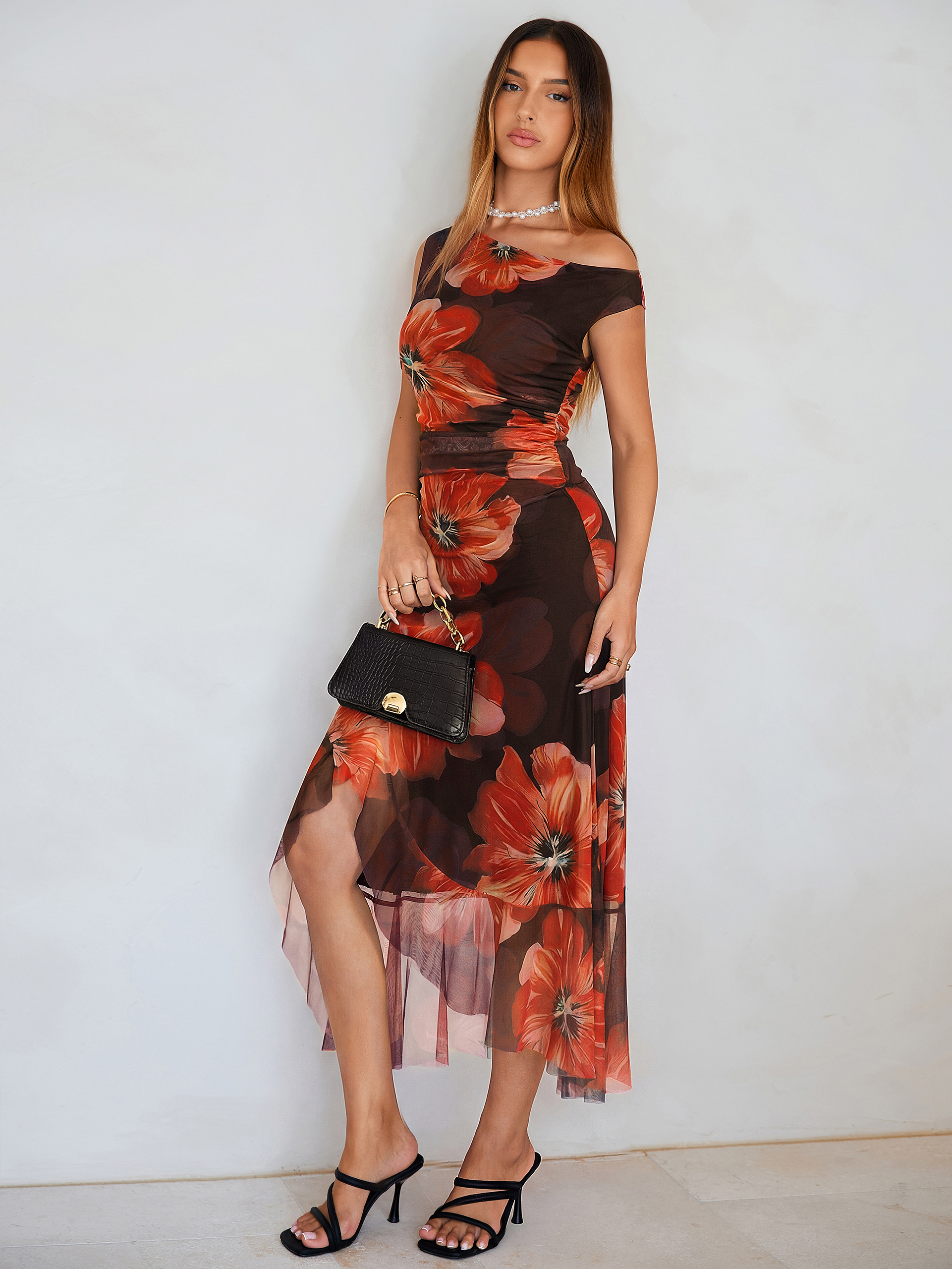 Floral One-Shoulder Mesh Ruched Midi Dress