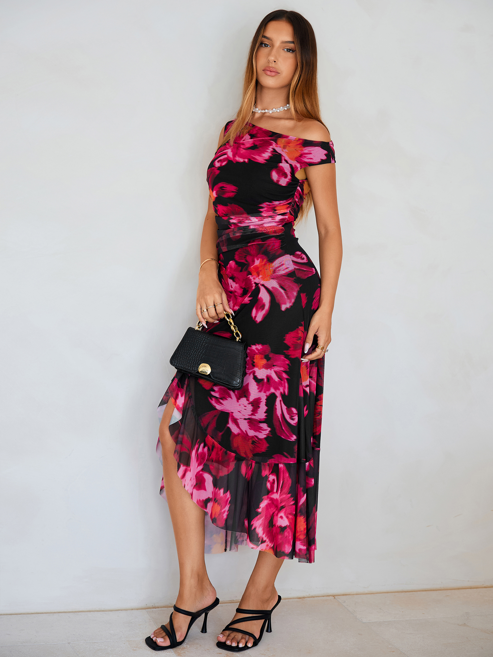 Floral One-Shoulder Mesh Ruched Midi Dress