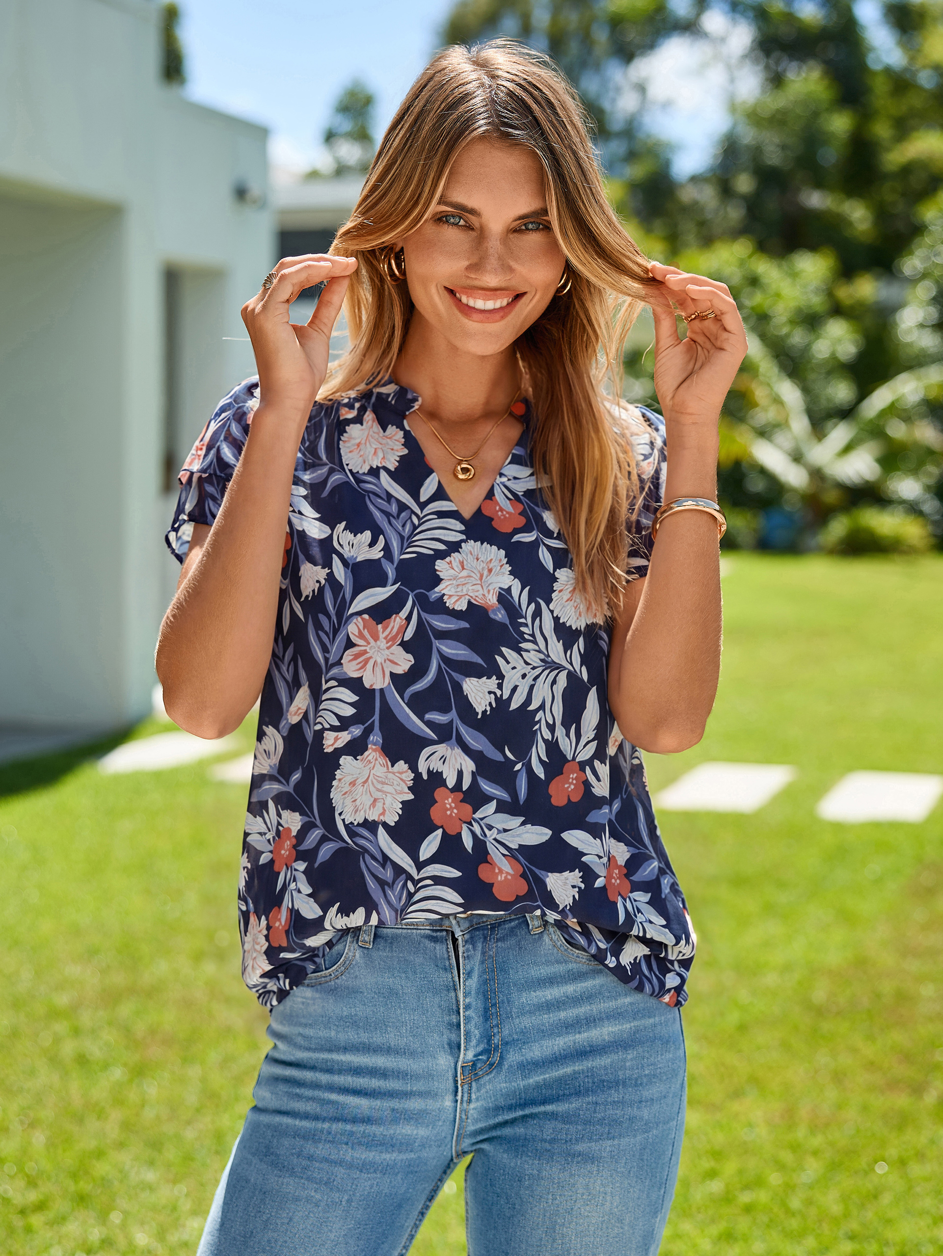 Floral V Neck Ruffle Petal Sleeve Chiffon Top