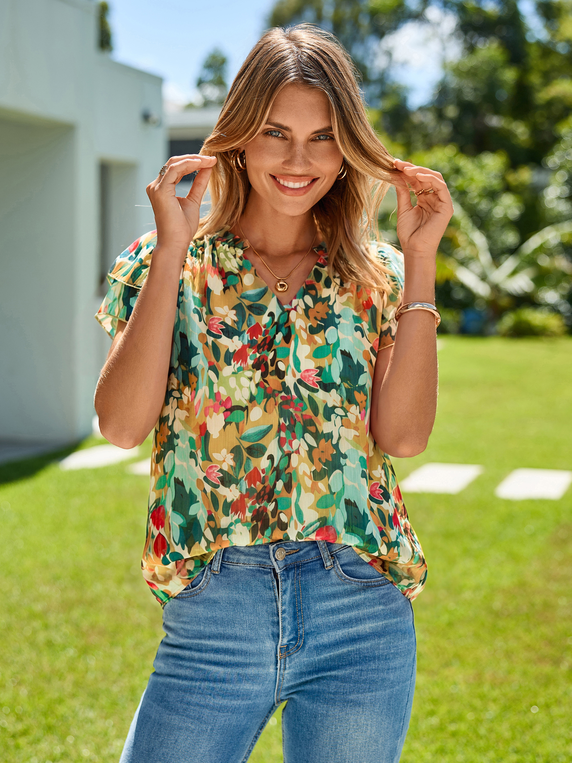 Floral V Neck Ruffle Petal Sleeve Chiffon Top