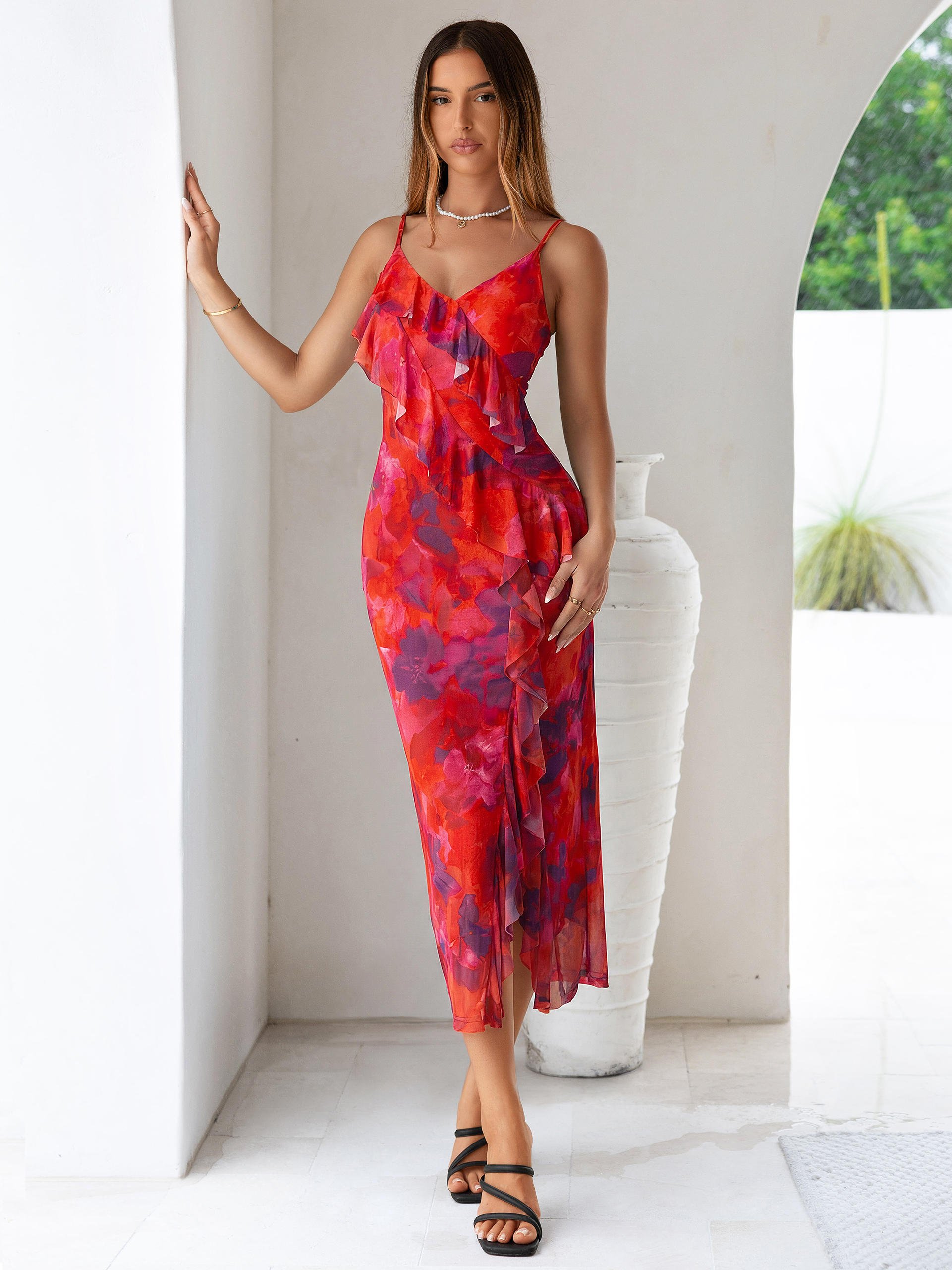 Floral V Neck Ruffle Mesh Maxi Dress with Slit - Floral Rust Red