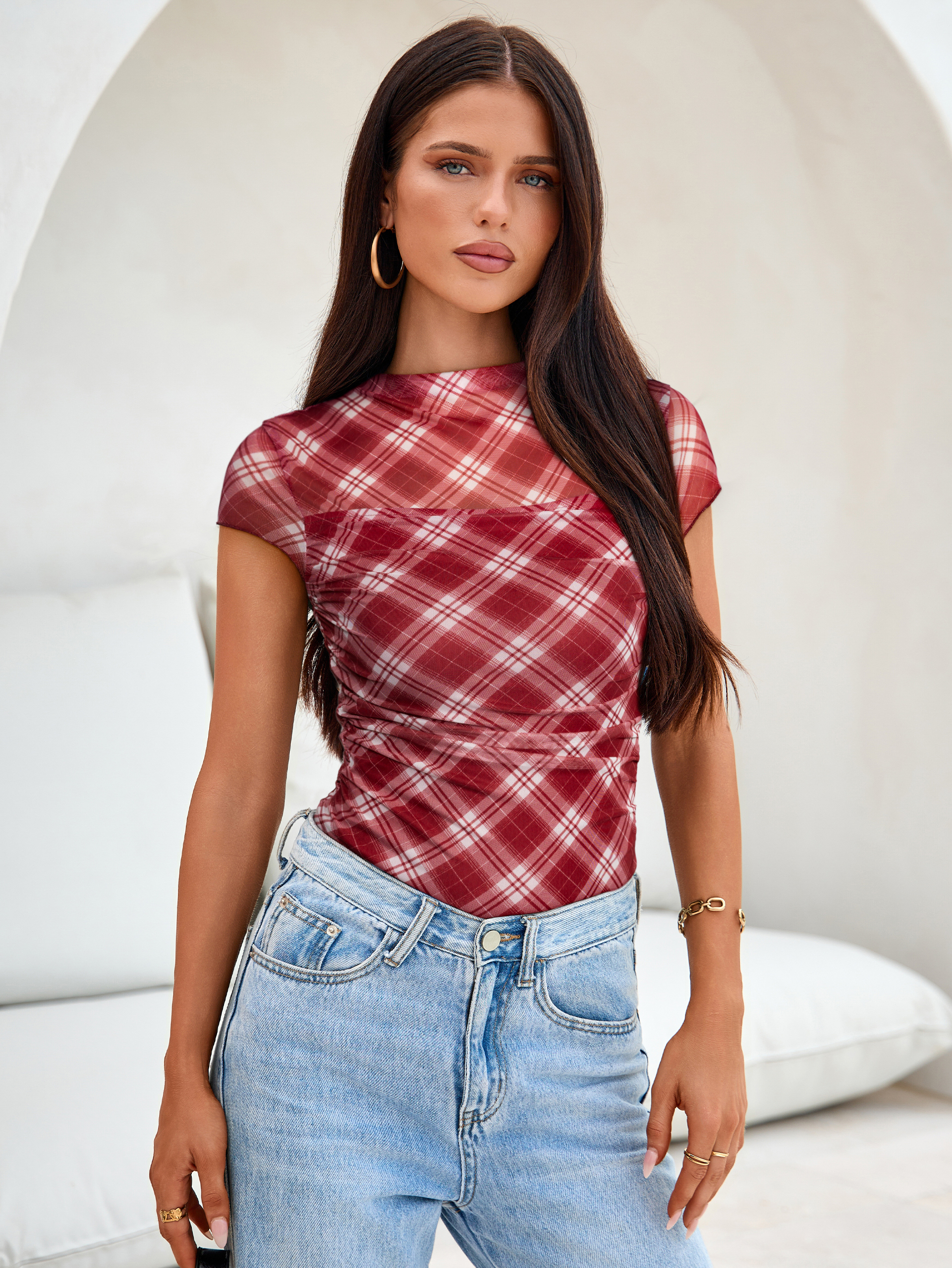 Plaid Mock Neck Ruched Mesh Top