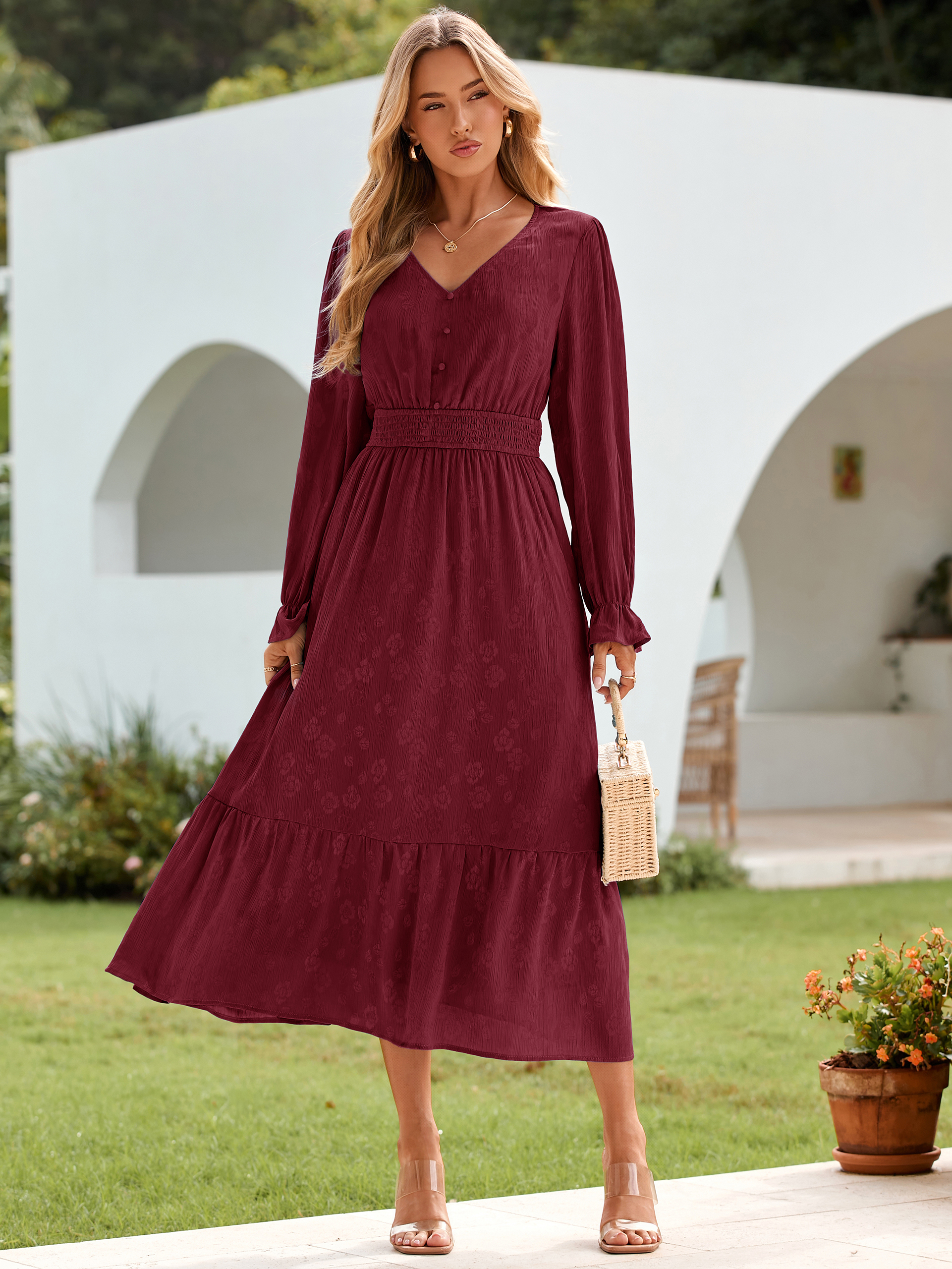 V Neck Empire Waist Long Sleeve Maxi Dress - Burgundy