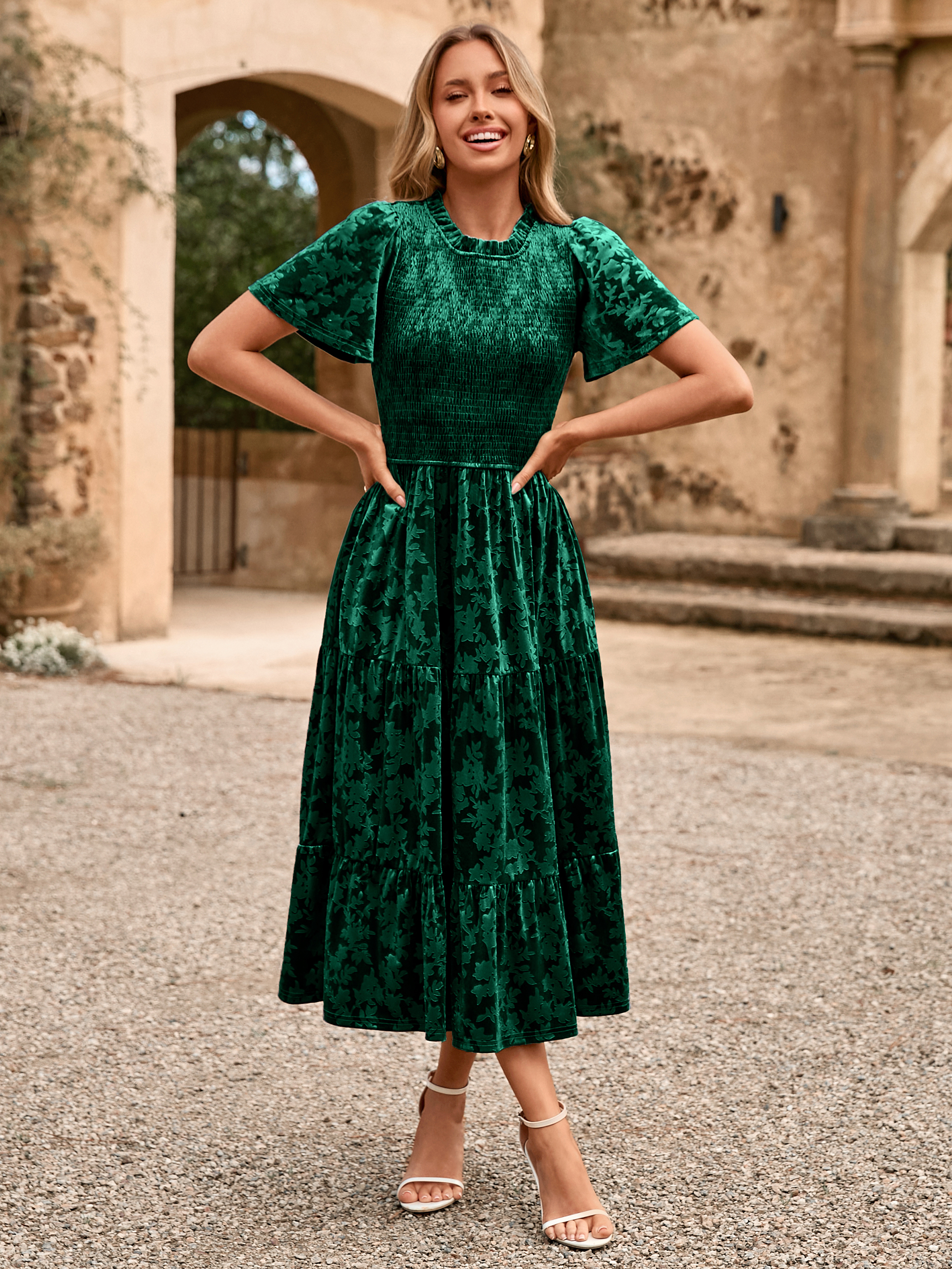 Ruffle Neck Smocked Velvet Floral Maxi Dress