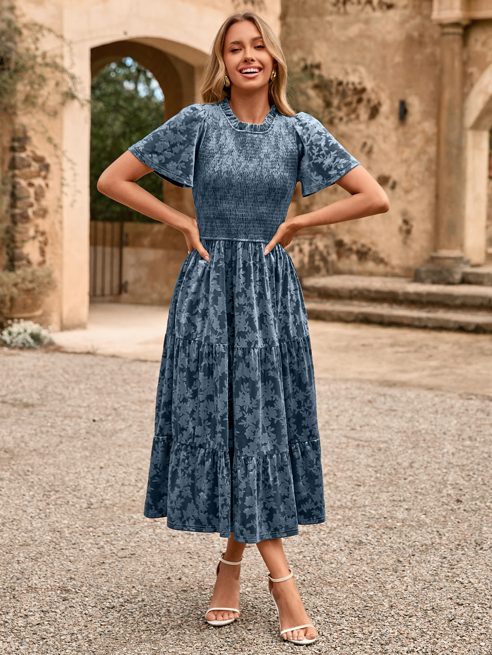 Ruffle Neck Smocked Velvet Floral Maxi Dress