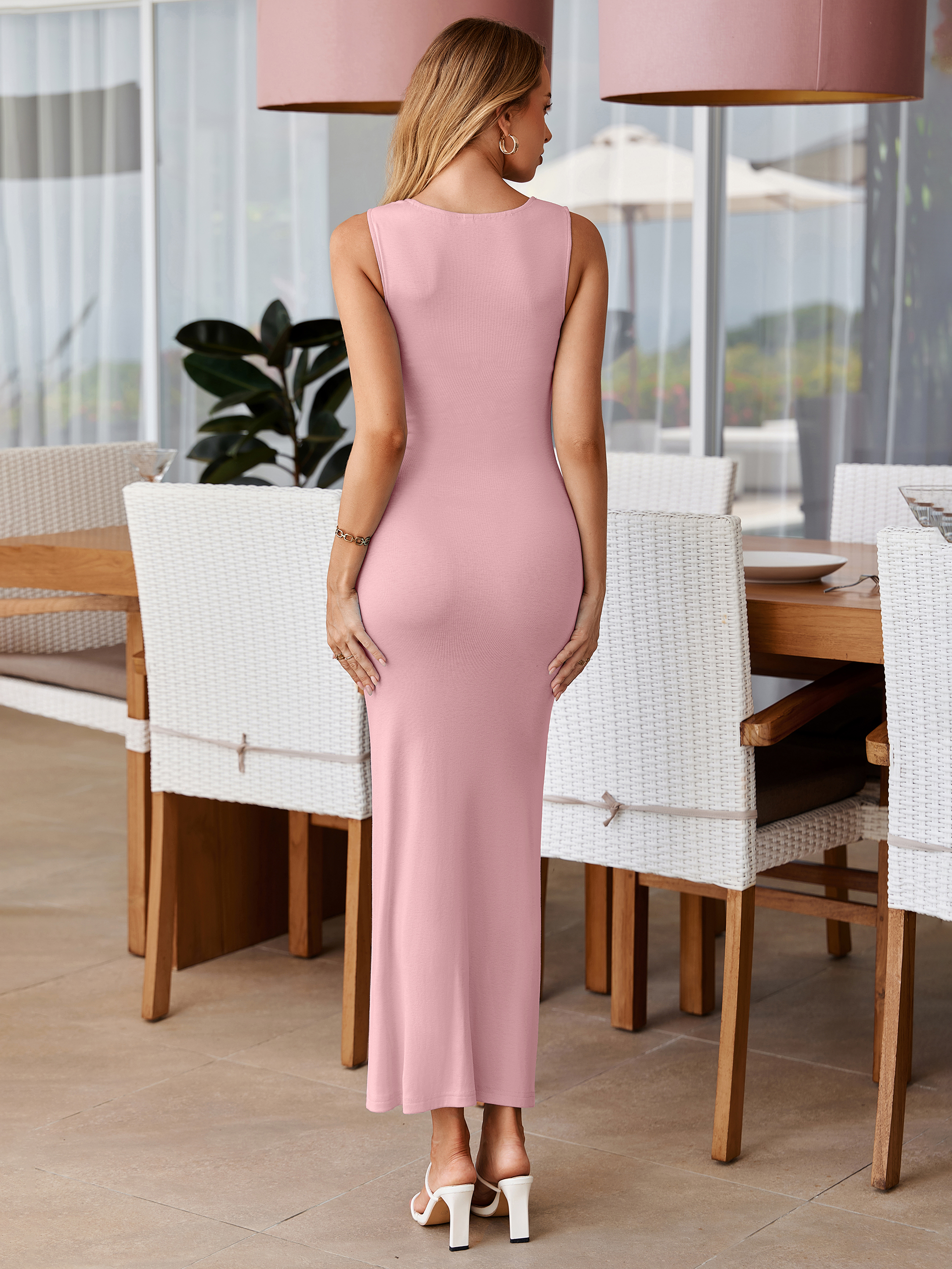 Sleeveless Ruched Bodycon Maxi Dress with Metal Details