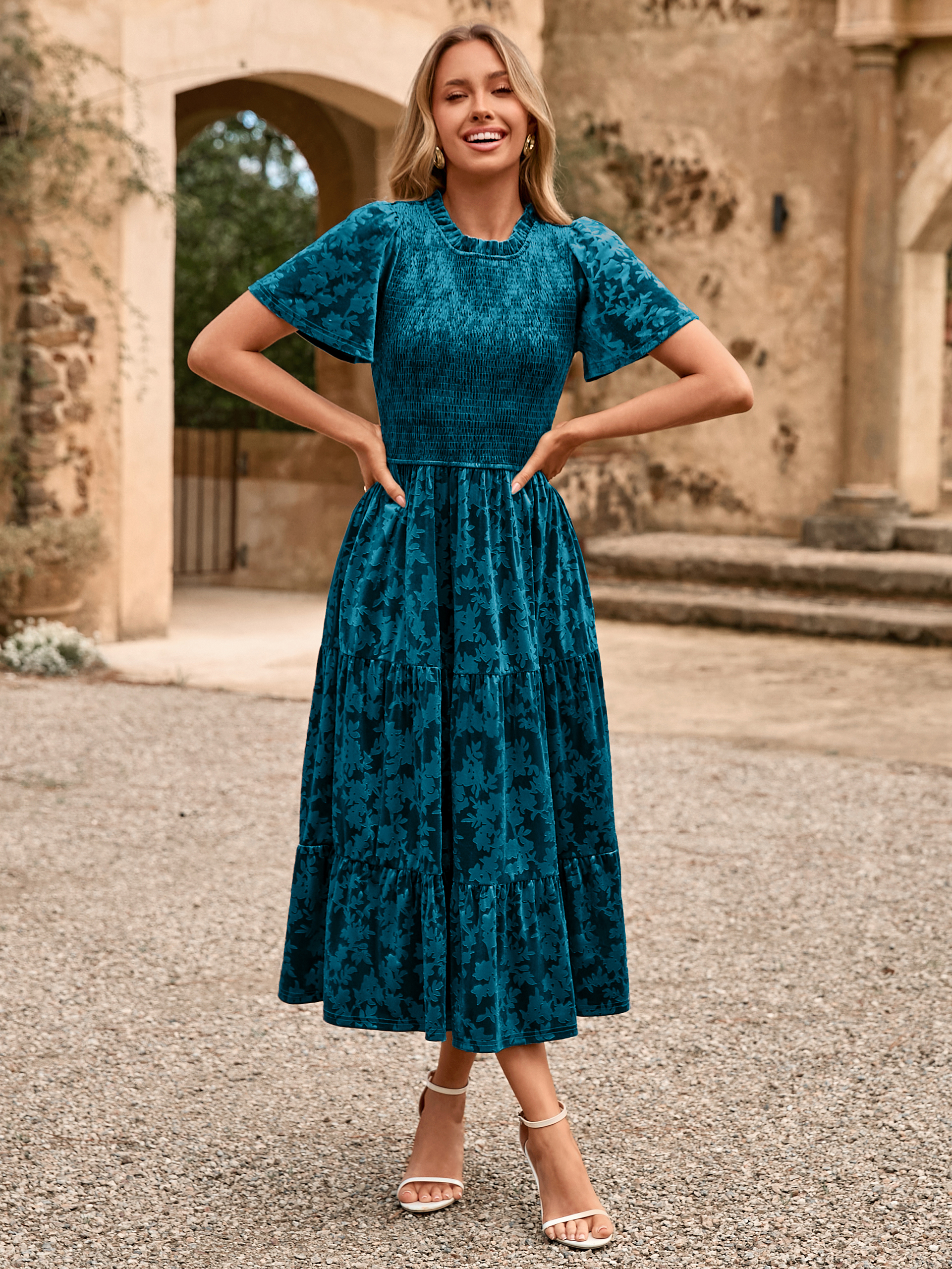 Ruffle Neck Smocked Velvet Floral Maxi Dress