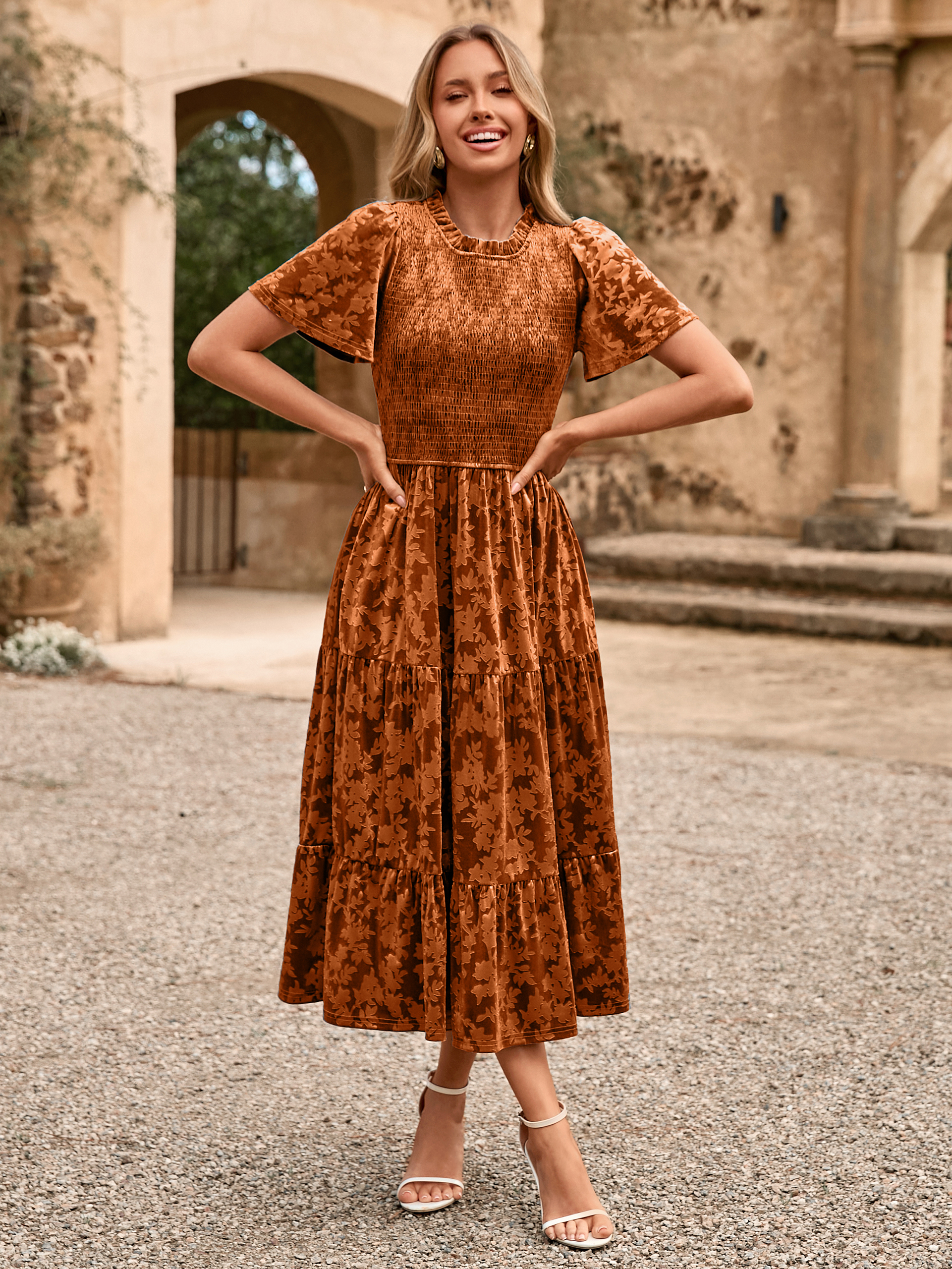 Ruffle Neck Smocked Velvet Floral Maxi Dress