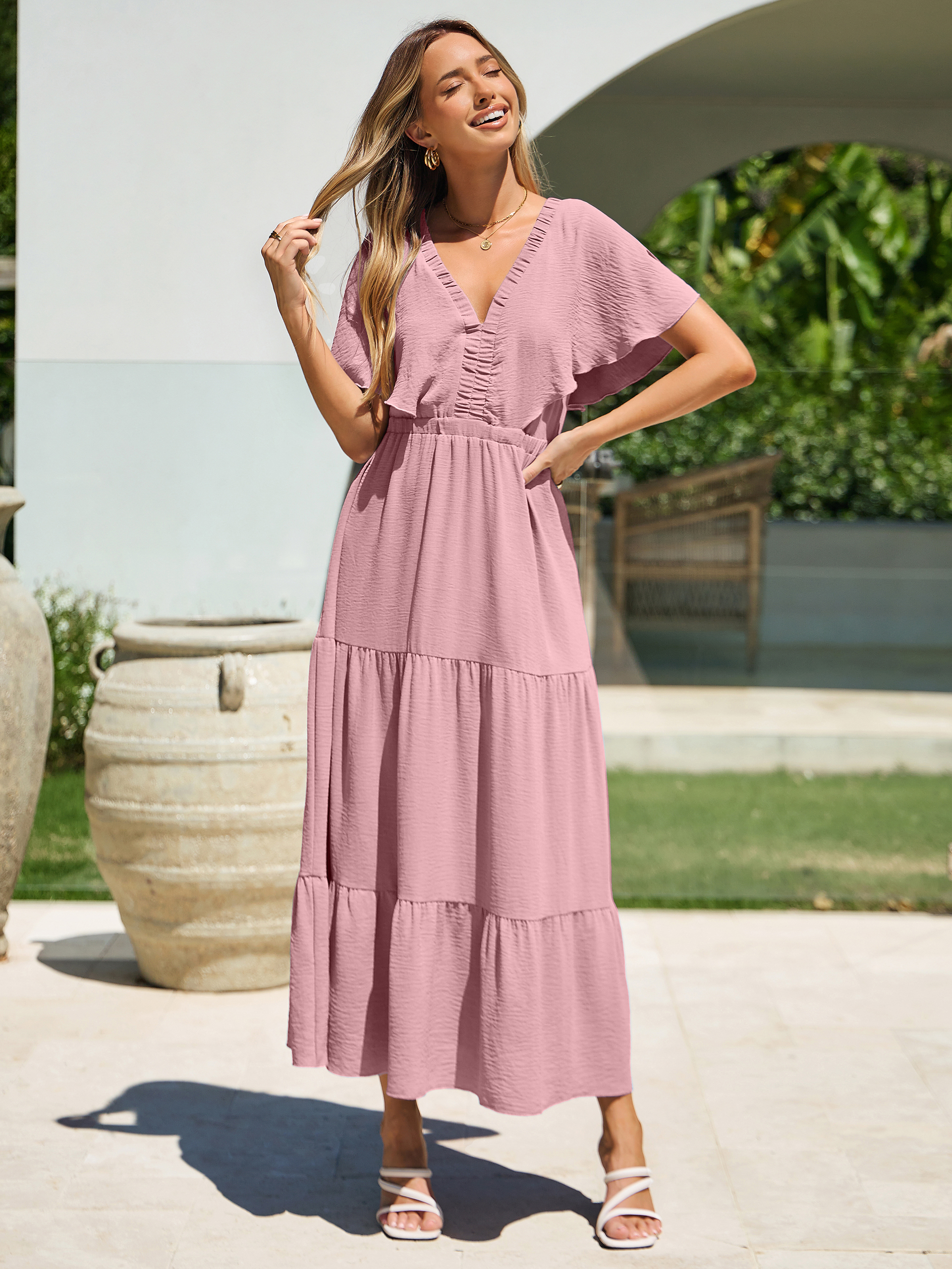 Solid Color Tiered V-Neck Ruffle Sleeve Maxi Dress