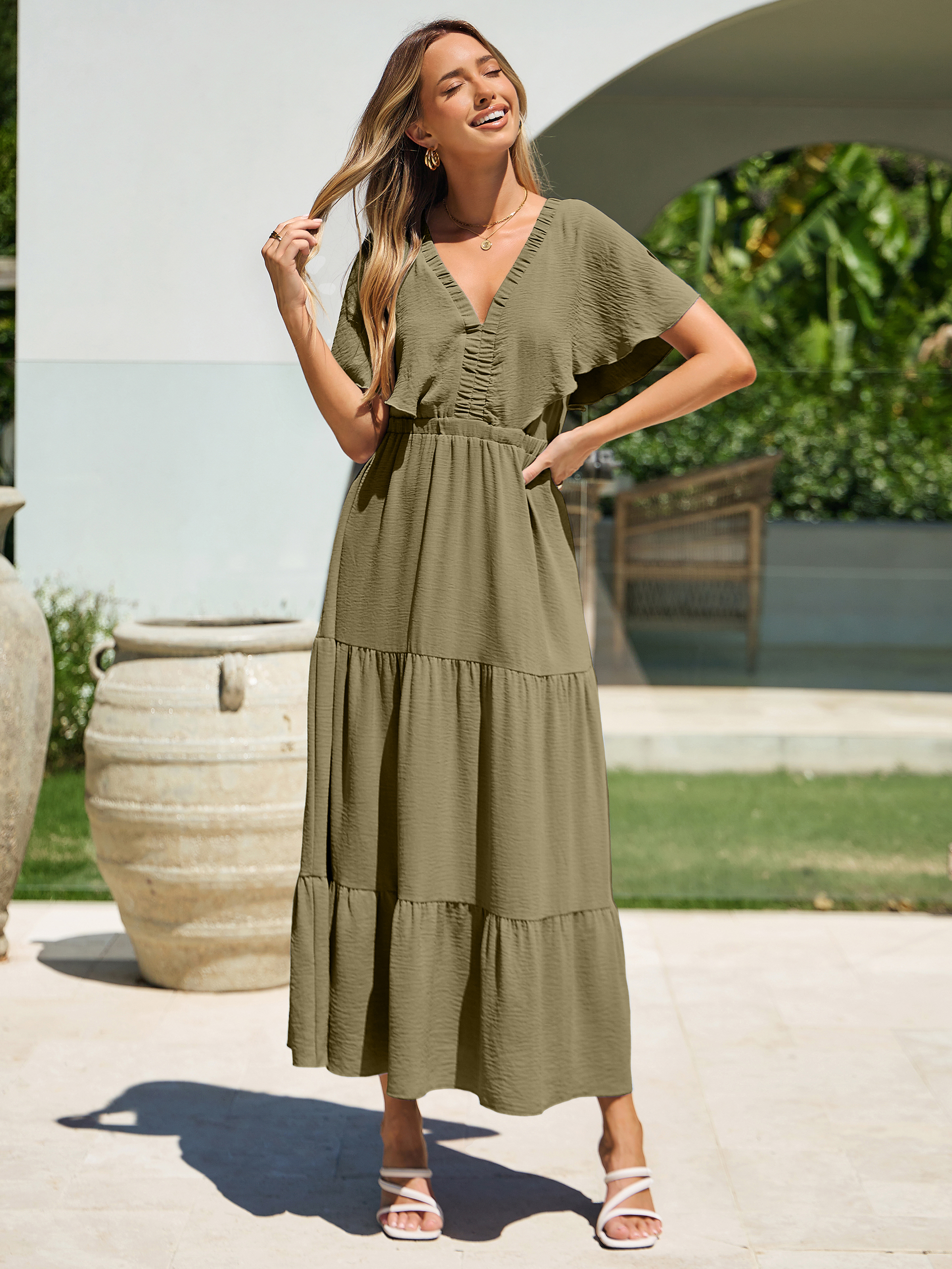 Solid Color Tiered V-Neck Ruffle Sleeve Maxi Dress
