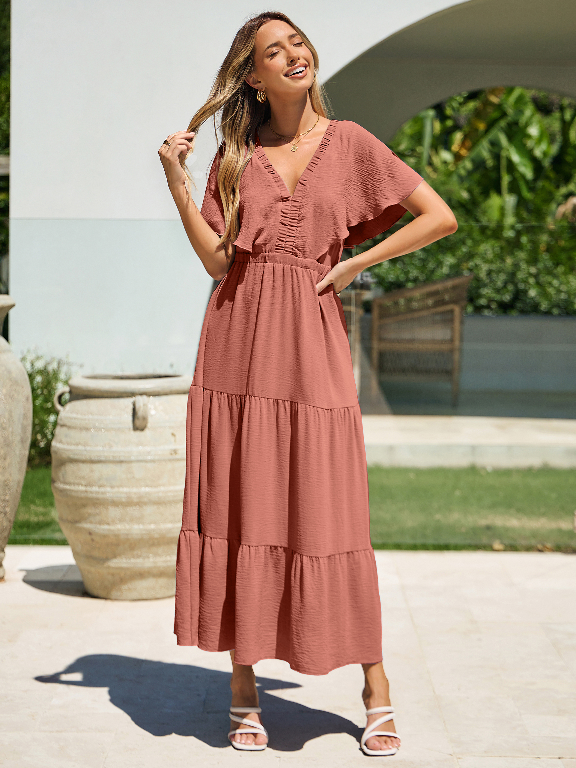 Solid Color Tiered V-Neck Ruffle Sleeve Maxi Dress