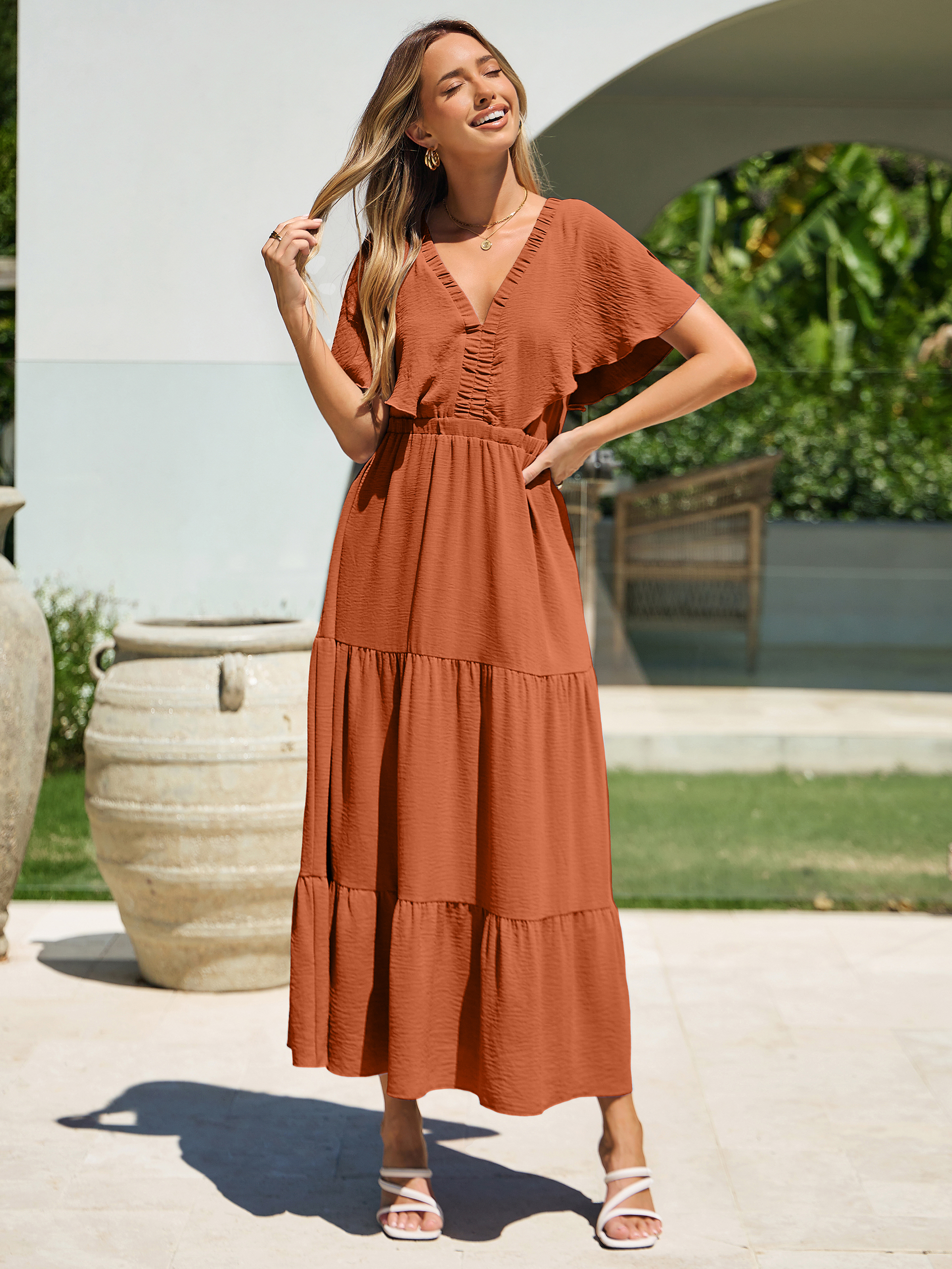 Solid Color Tiered V-Neck Ruffle Sleeve Maxi Dress