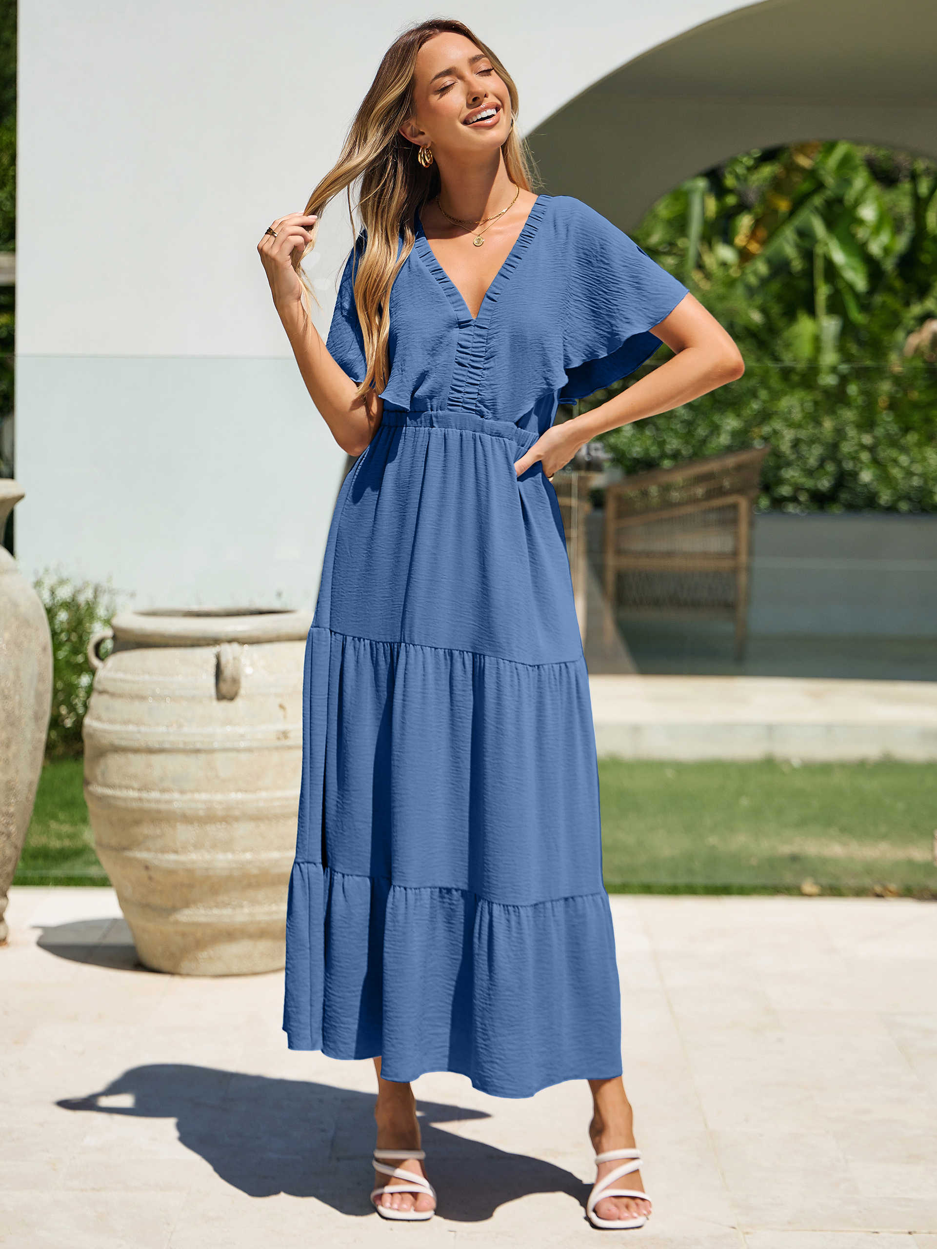 Solid Color Tiered V-Neck Ruffle Sleeve Maxi Dress