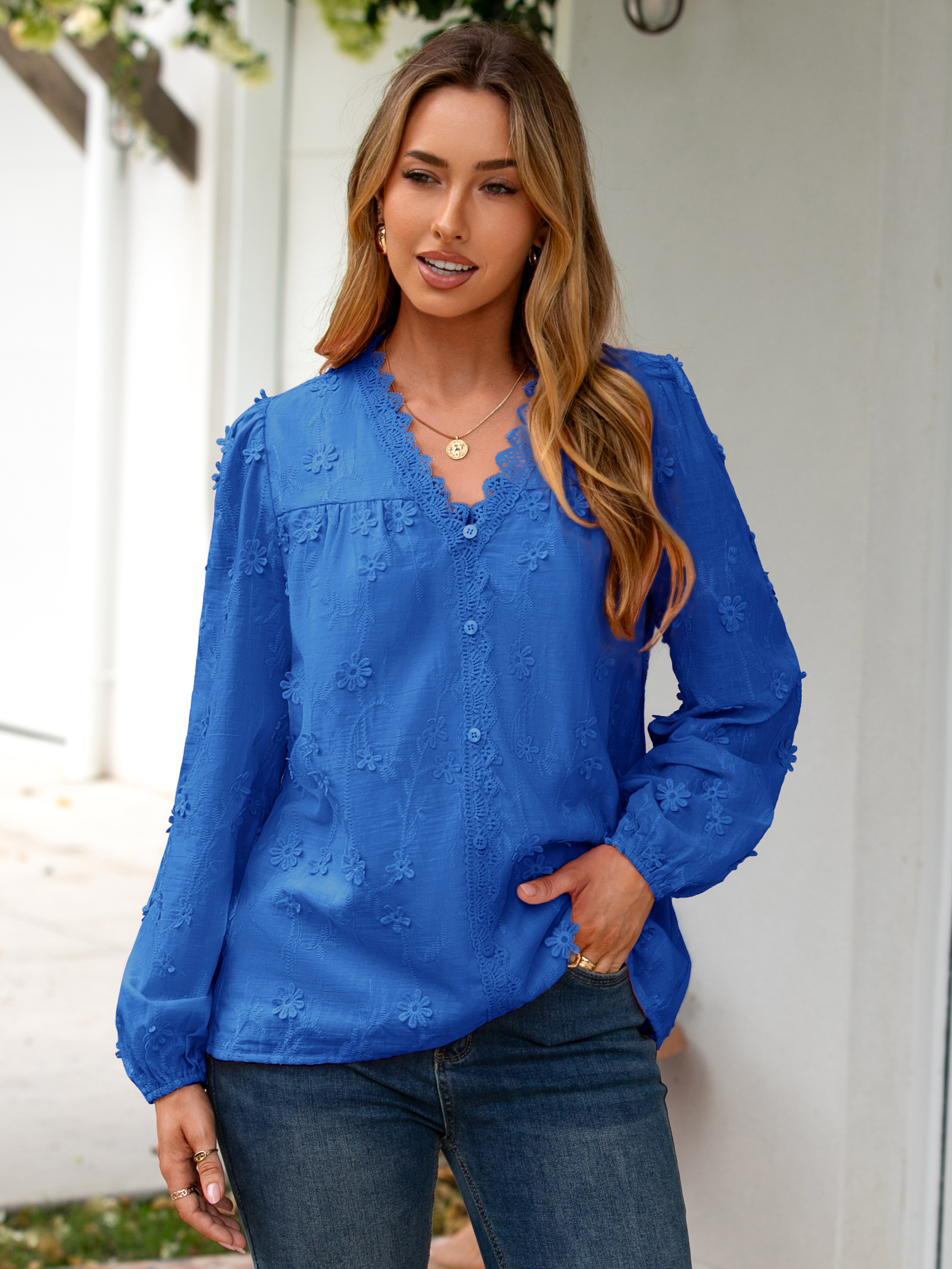Floral Lace V Neck Embroidered Button Down Blouse - Royal Blue