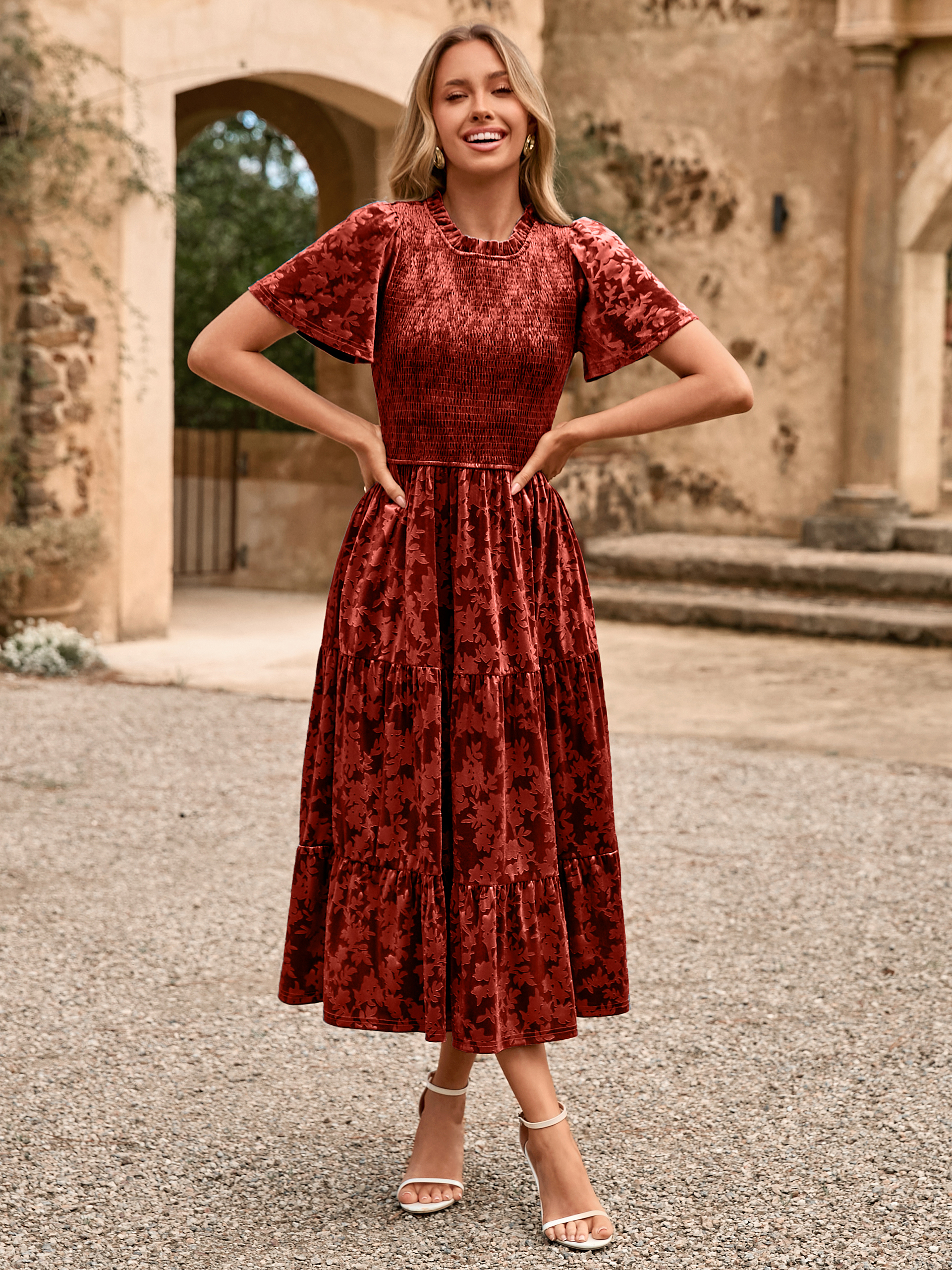 Ruffle Neck Smocked Velvet Floral Maxi Dress