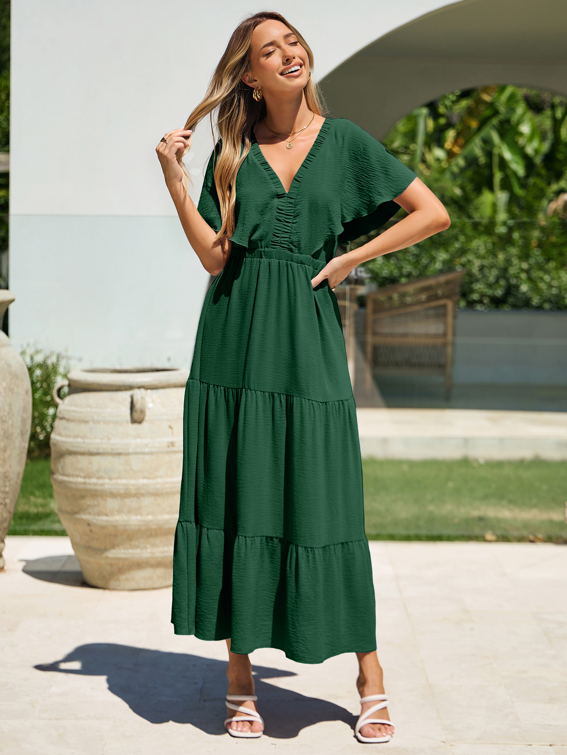 Solid Color Tiered V-Neck Ruffle Sleeve Maxi Dress
