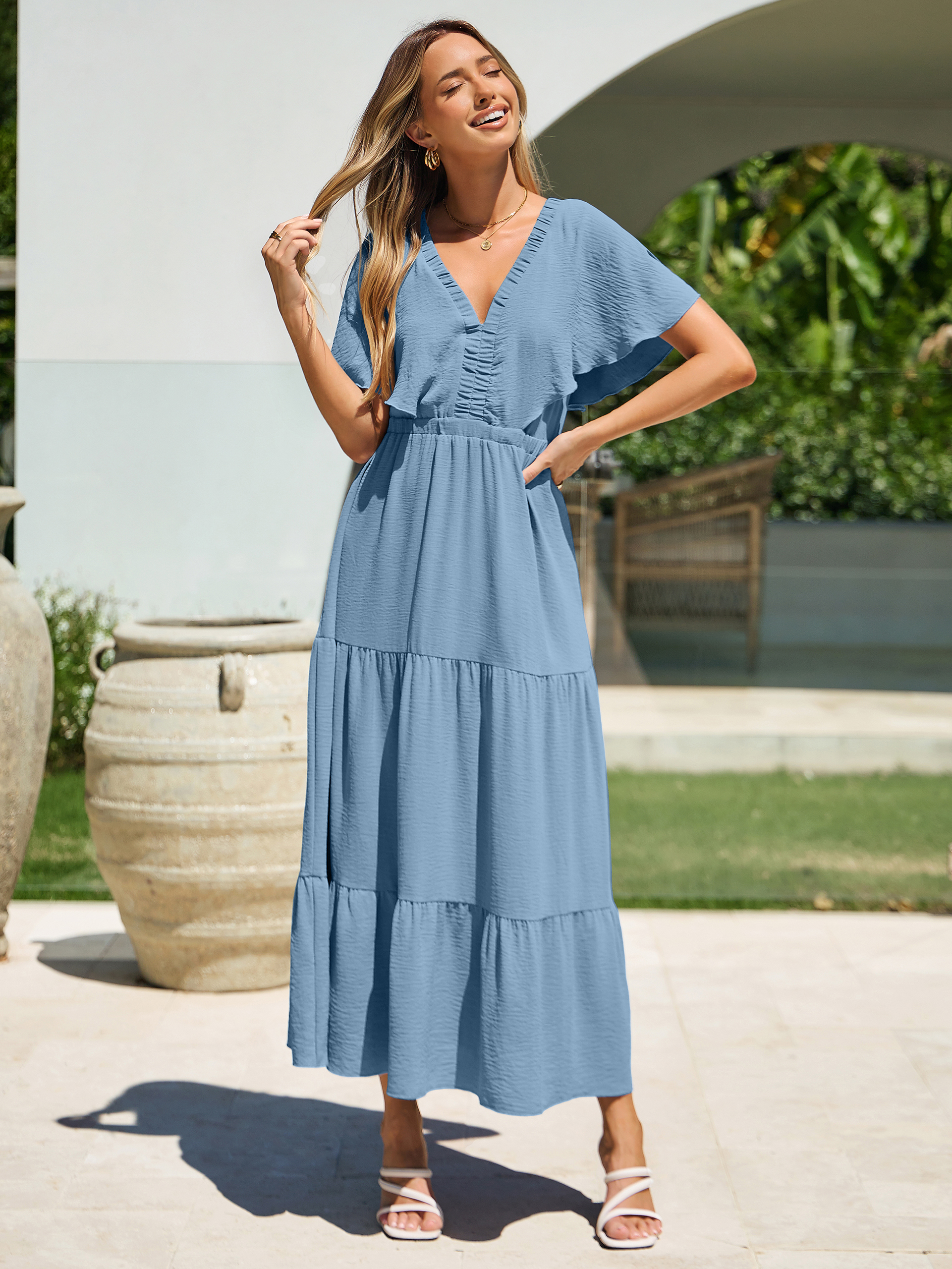 Solid Color Tiered V-Neck Ruffle Sleeve Maxi Dress