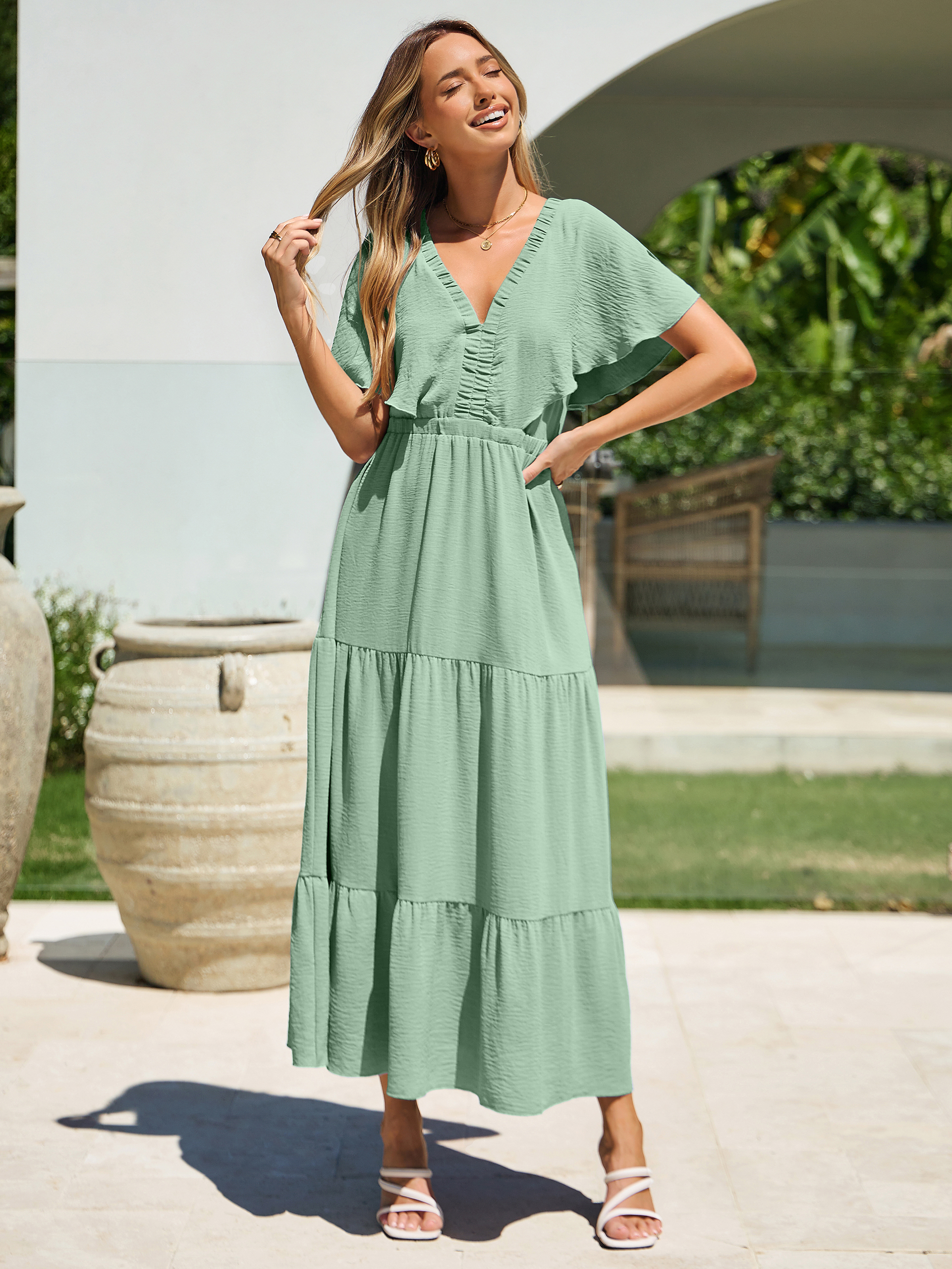 Solid Color Tiered V-Neck Ruffle Sleeve Maxi Dress