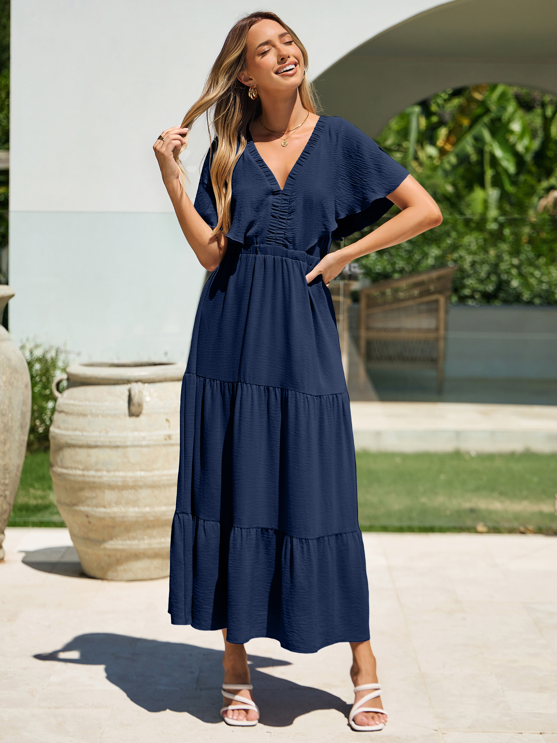Solid Color Tiered V-Neck Ruffle Sleeve Maxi Dress